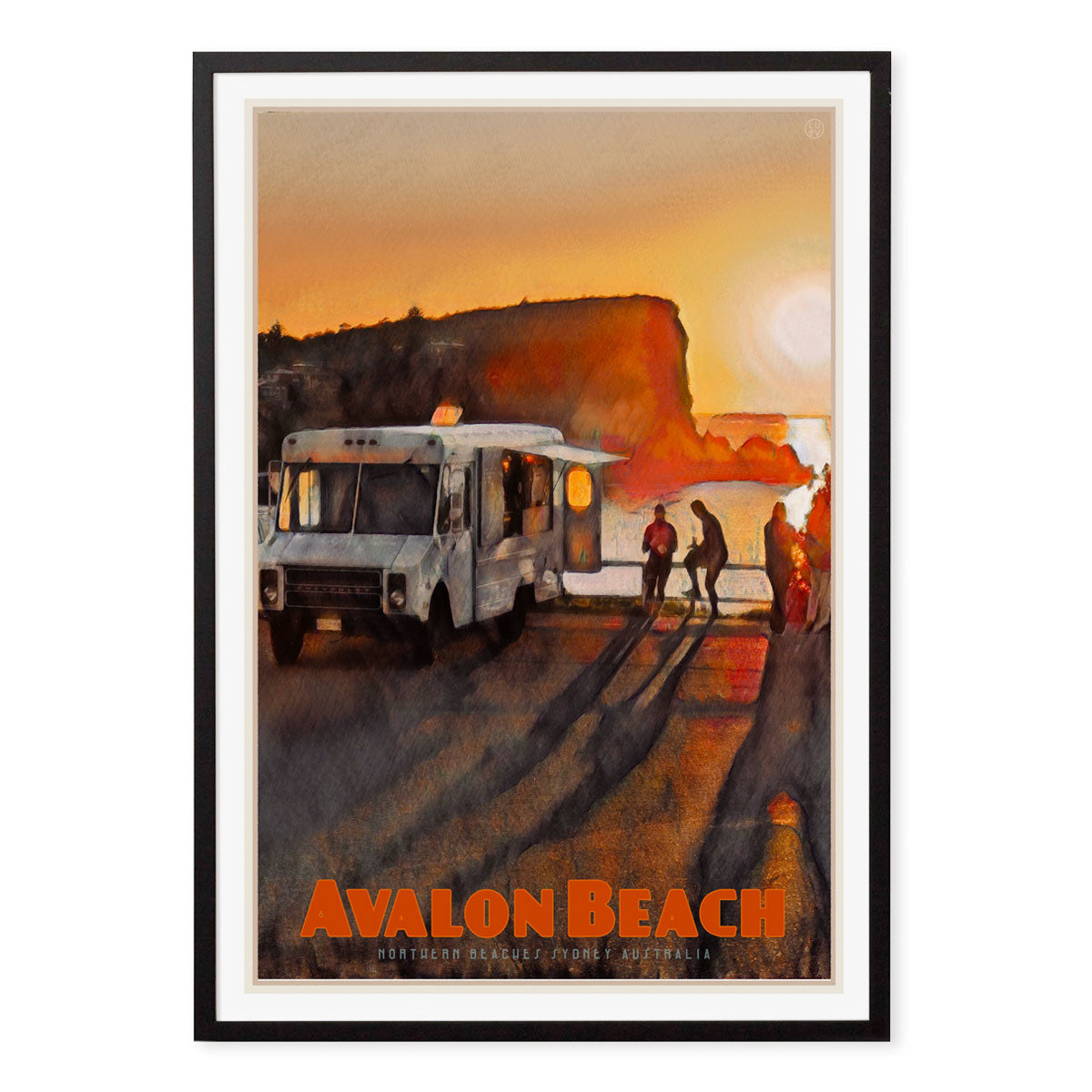 Avalon Beach Headland morning retro vintage print in black frame by Places we luv
