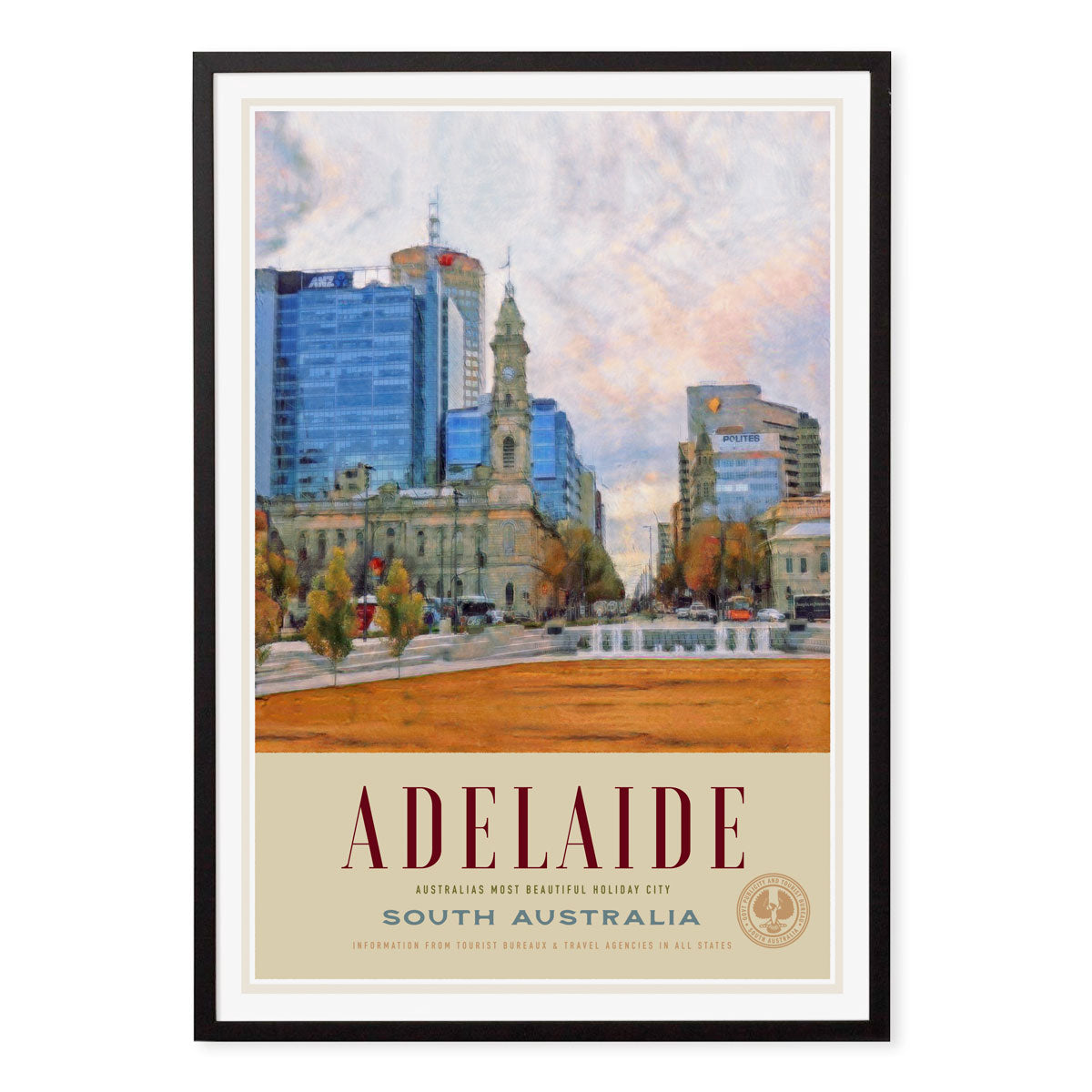 Adeliade SA Australia retro vintage poster print in black frame from Places We Luv
