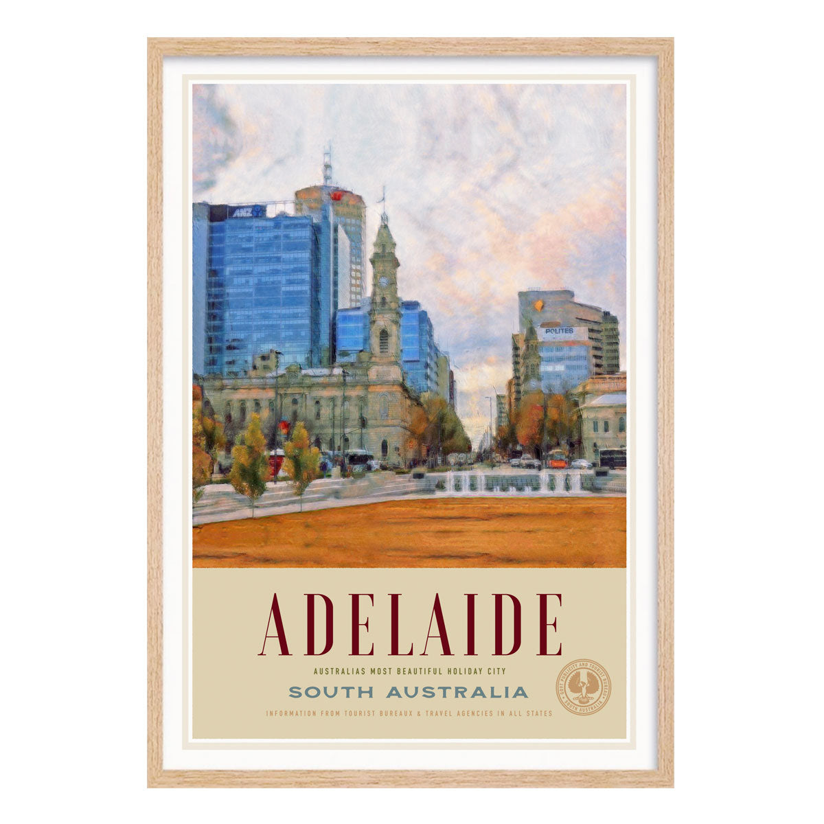 Adeliade SA Australia retro vintage poster print in oak frame from Places We Luv