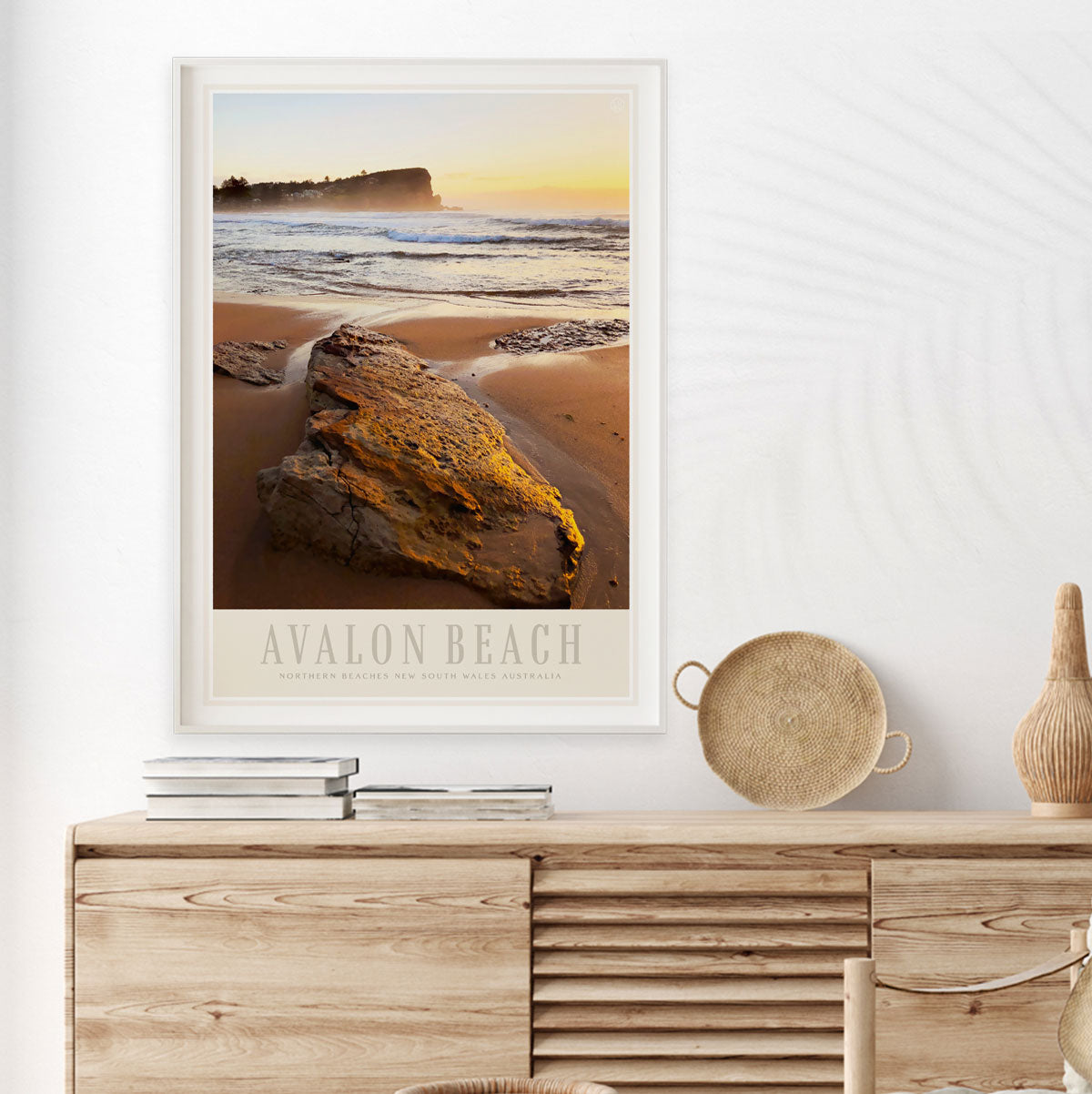 Avalon Beach golden sands vintage retro poster print framed in room from Places we Luv