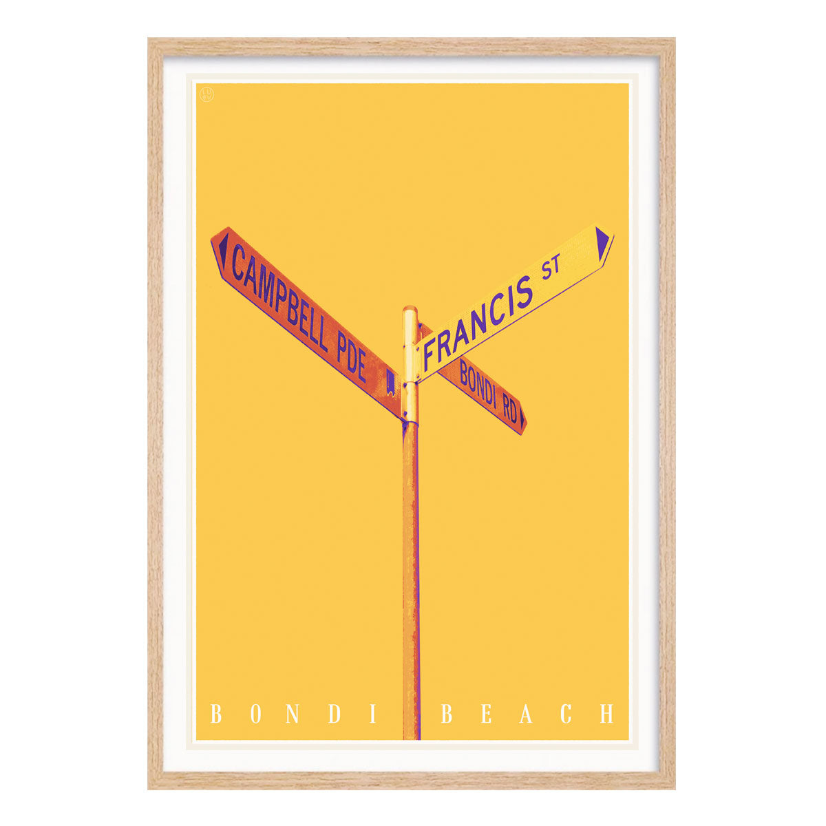 Bondi Road Sydney retro vintage poster print in oak frame from Places We Luv print