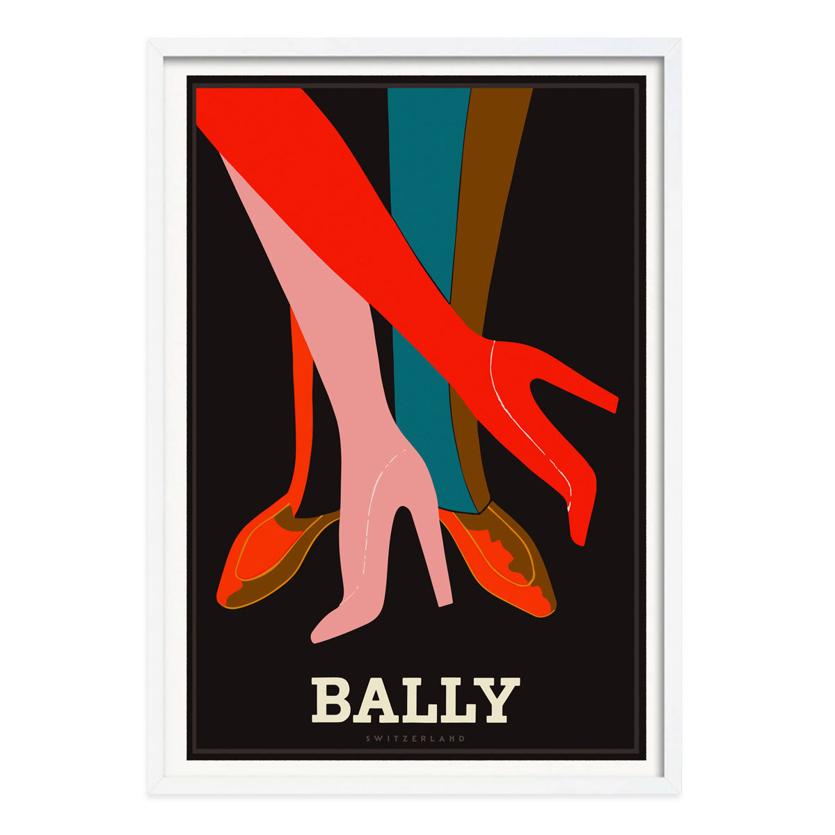 White framed retro vintage advertising poster for Bally Shoes Switzerland from Places We Luv