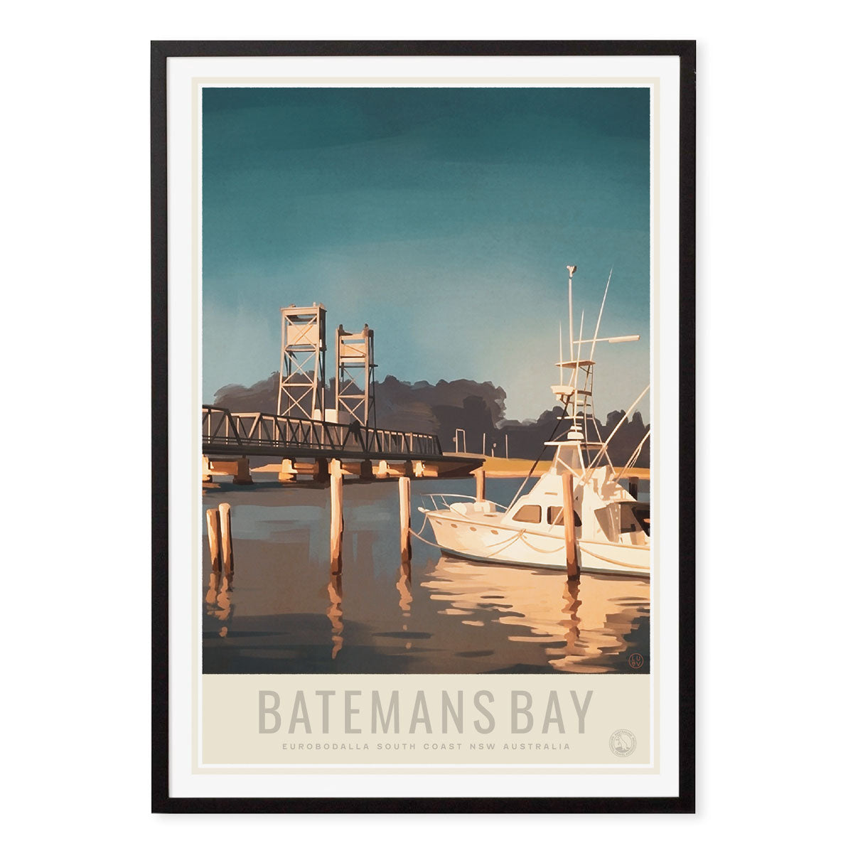 Batemans Bay NSW Australia retro travel print in black frame from Places We Luv