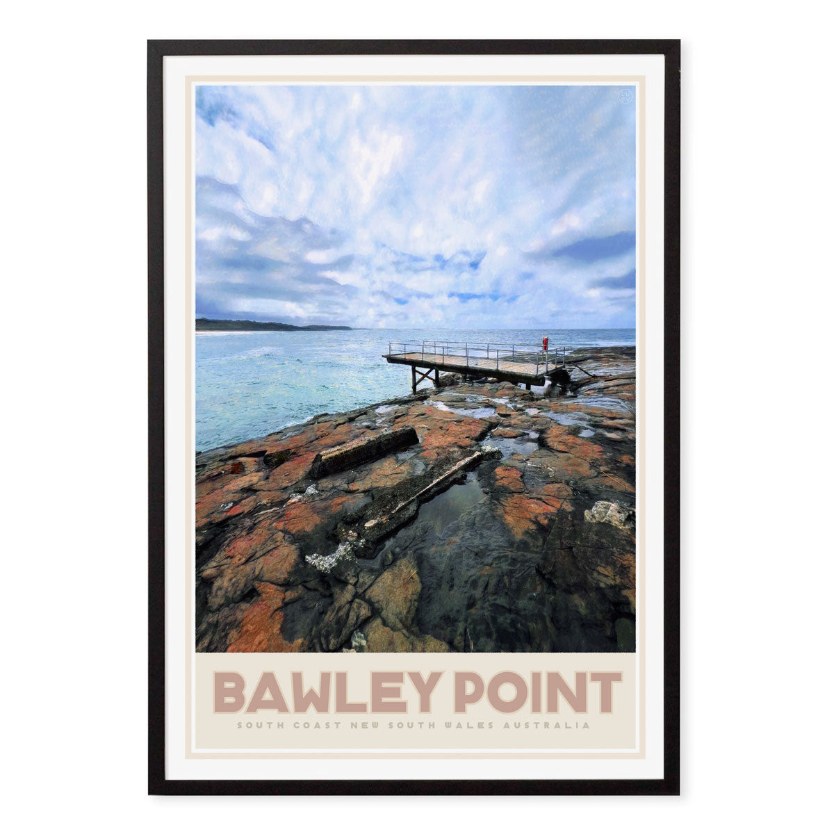 Framed artwork of Bawley Point with a dock over water and rocky shore.