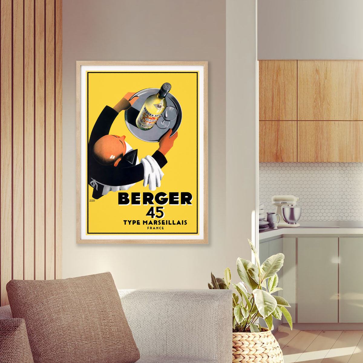 Kitchen with vintage retro advertising poster Berger 45 Pastis in oak frame from Places We Luv