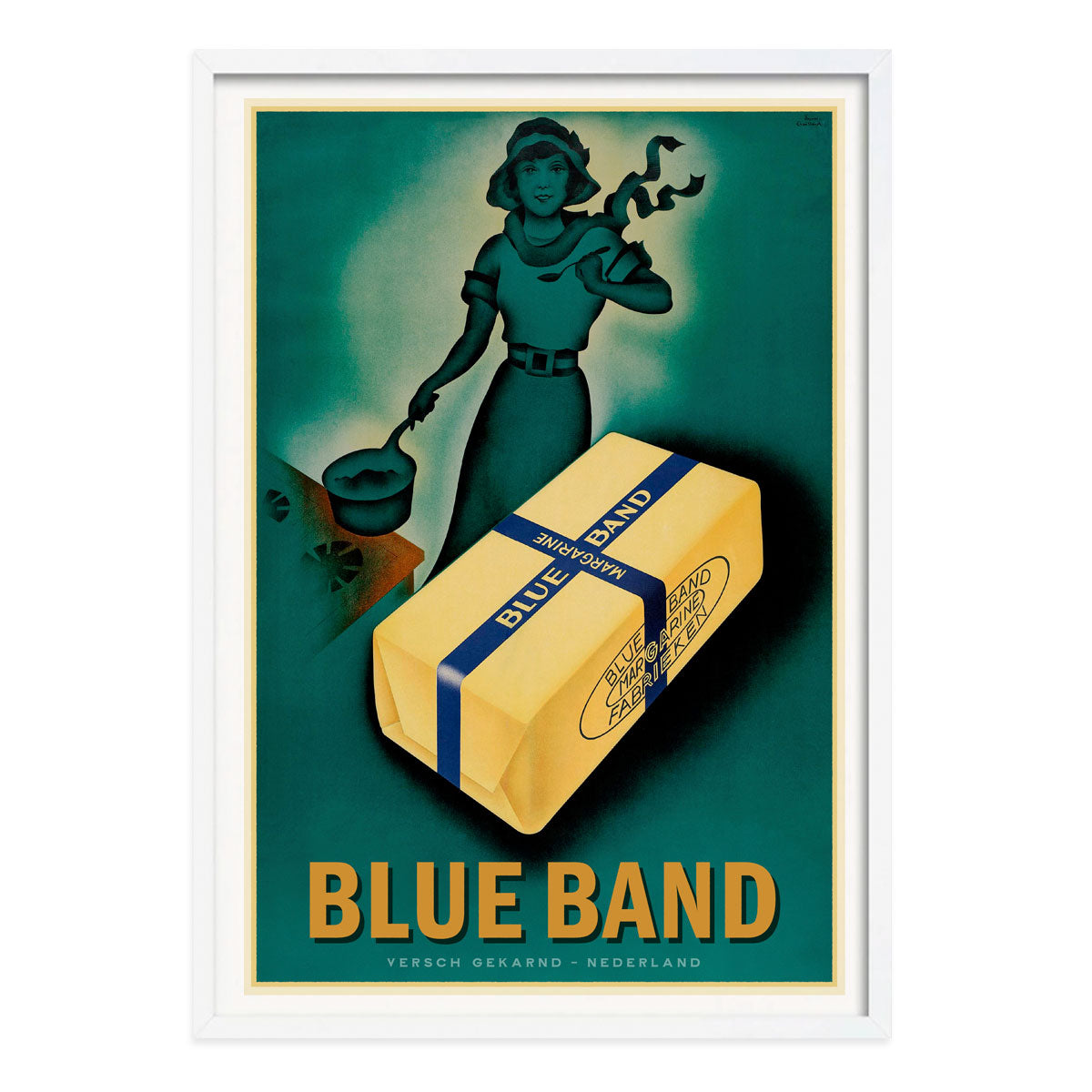 Blue Band Margarine The Netherlands retro vintage poster print in white frame from Places We Luv