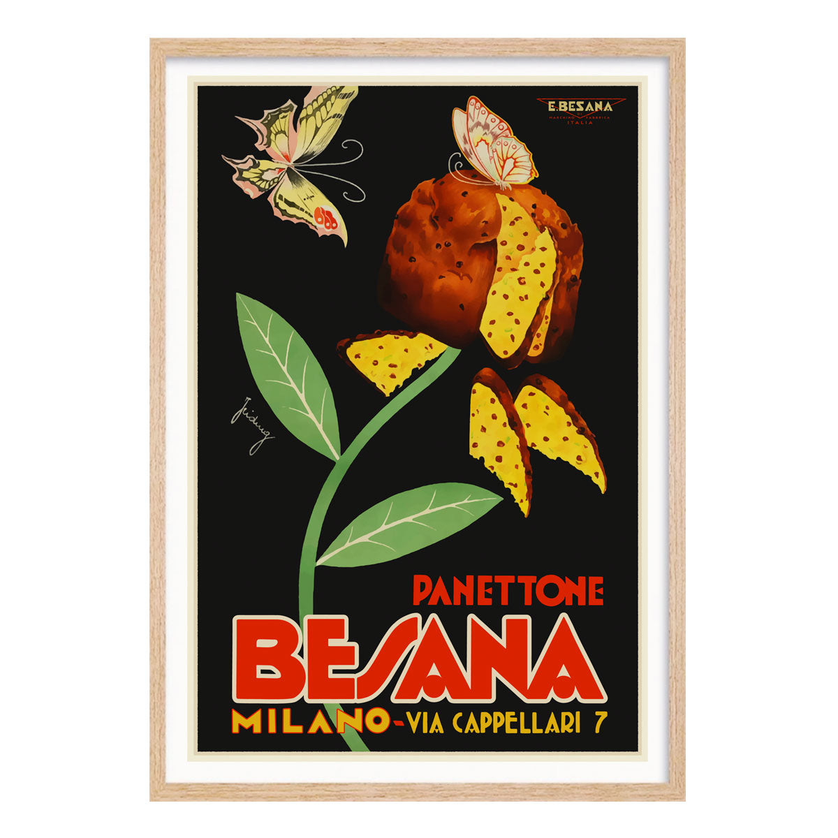 Panettone Besana Milano retro vintage poster print in oak frame from Places We Luv