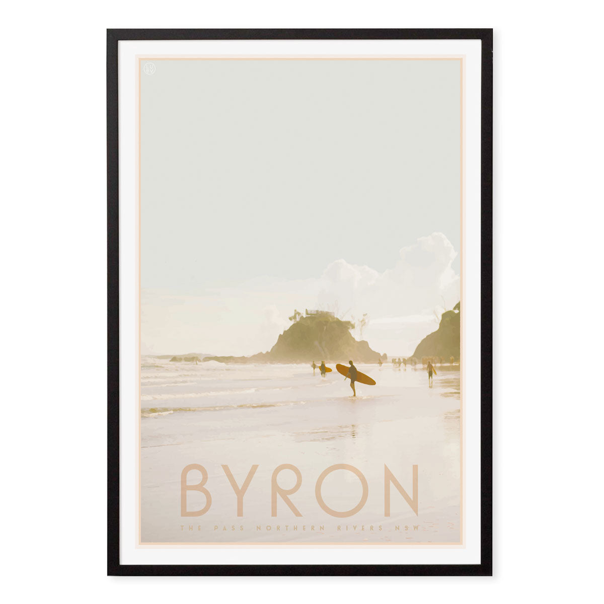 Byron Bay The Pass vintage retro travel black framed art print by Places We Luv