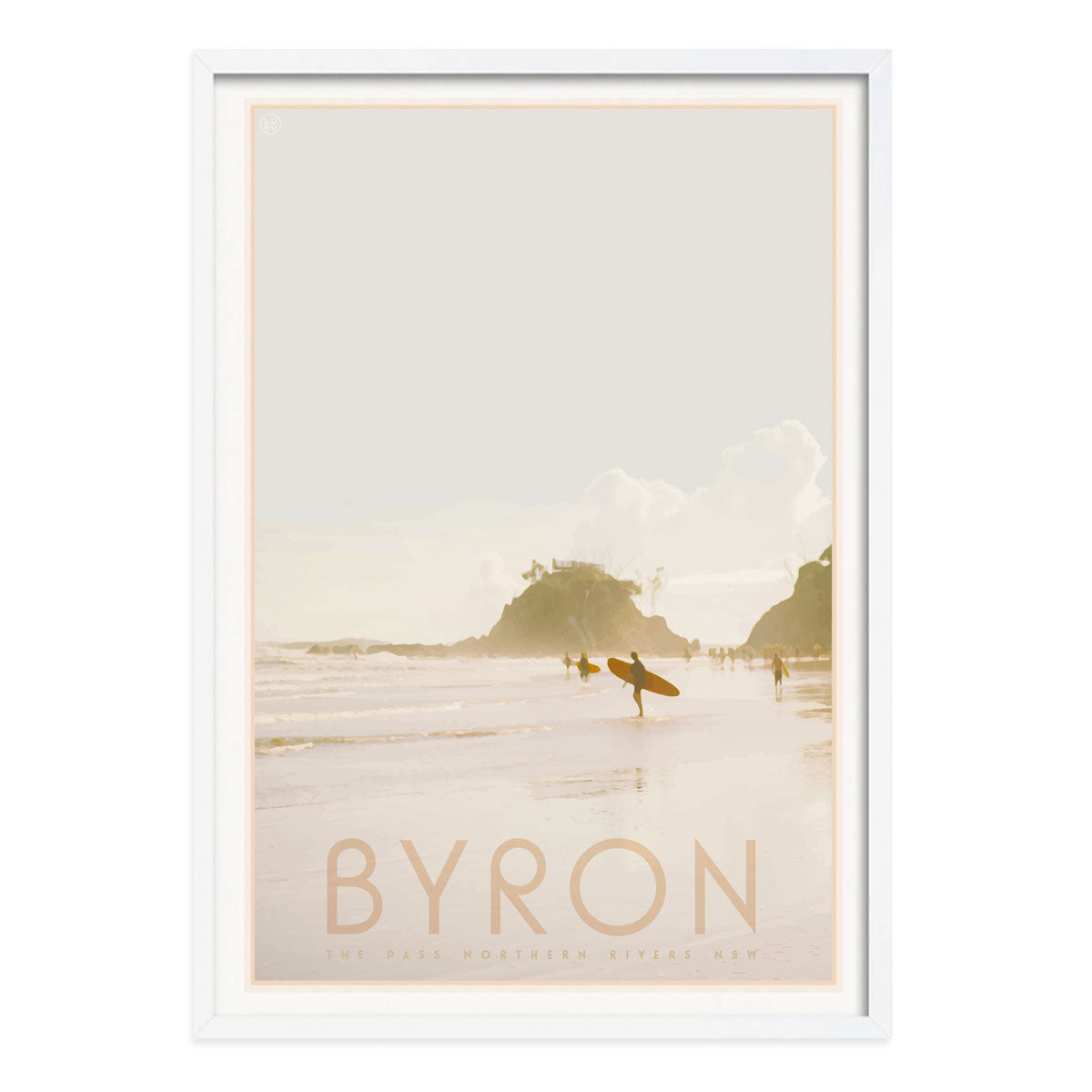 Byron Bay The Pass vintage retro travel white framed art print by Places We Luv