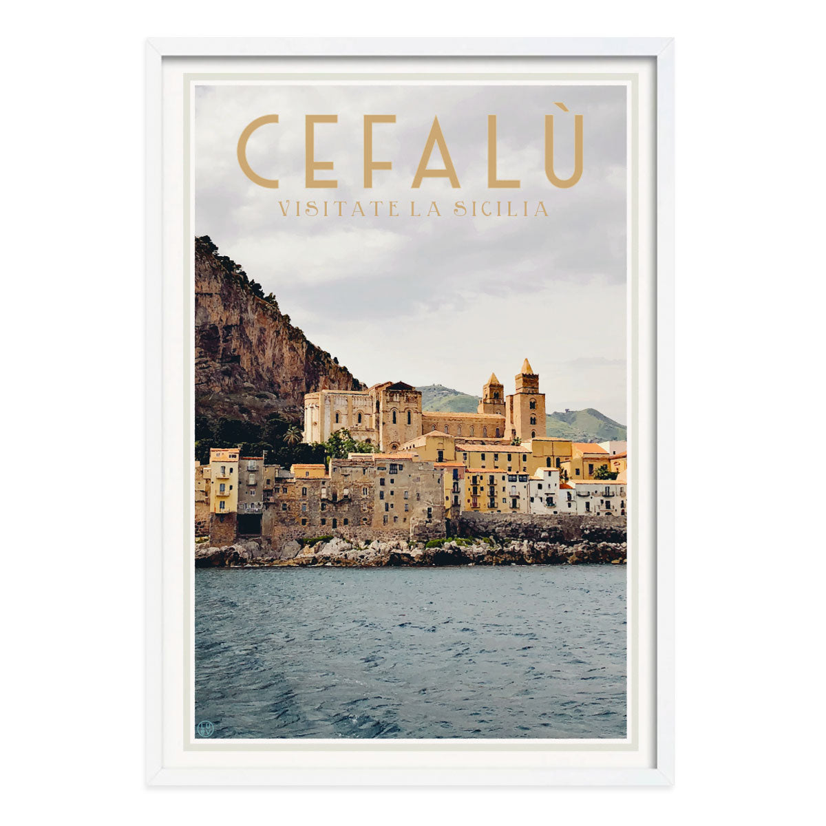 Cefalu Sicily, vintage retro poster print in white frame from Places We Luv