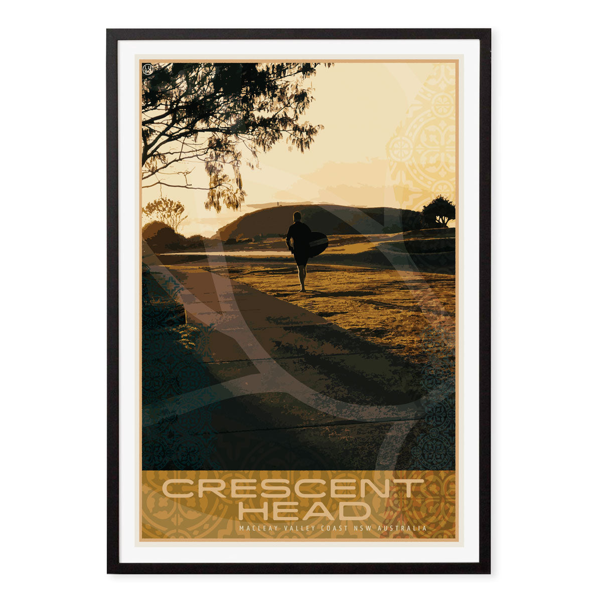 Poster retro surfer Crescent Head NSW Australia vintage print in black frame from Places We Luv