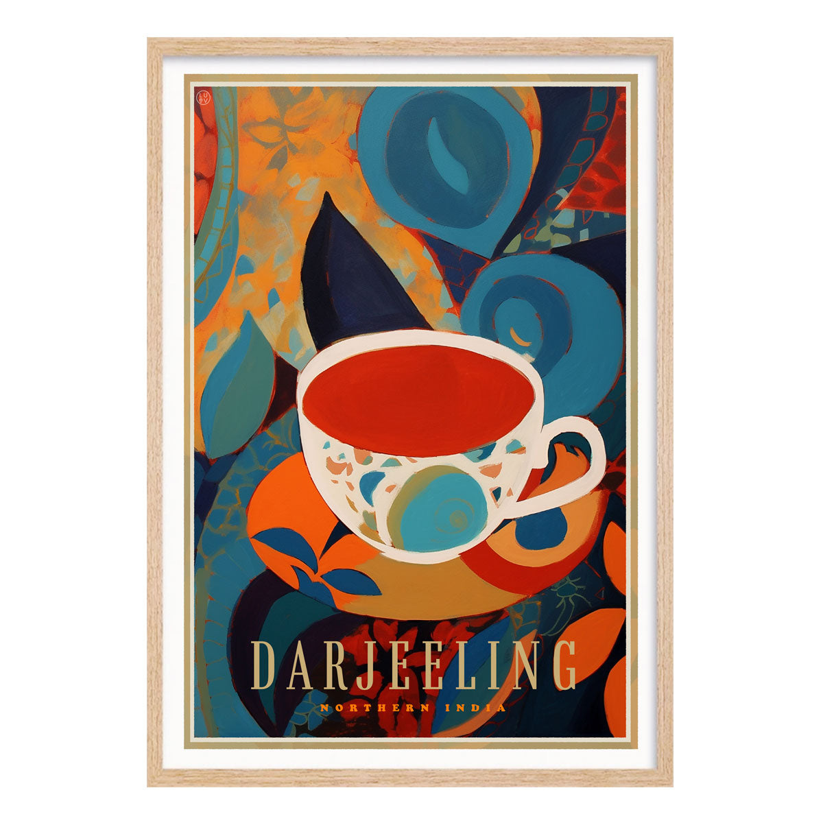 Darjeeling retro vintage tea poster print in oak frame from Places We Luv