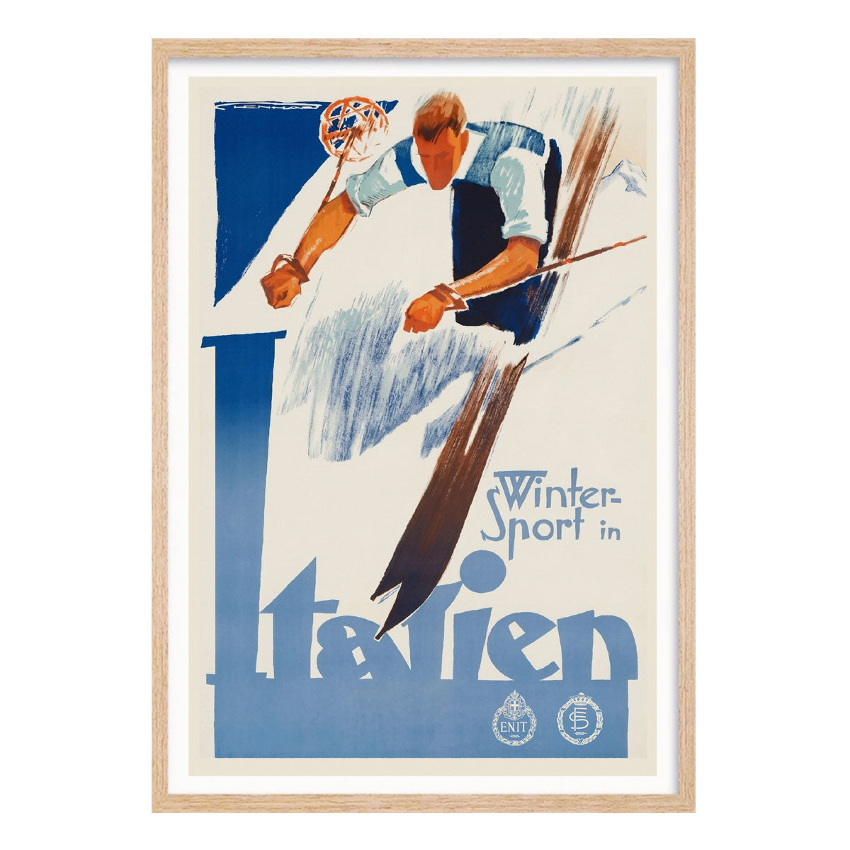 Italian retro vintage Winter ski poster print in raw wood frame from Places We Luv