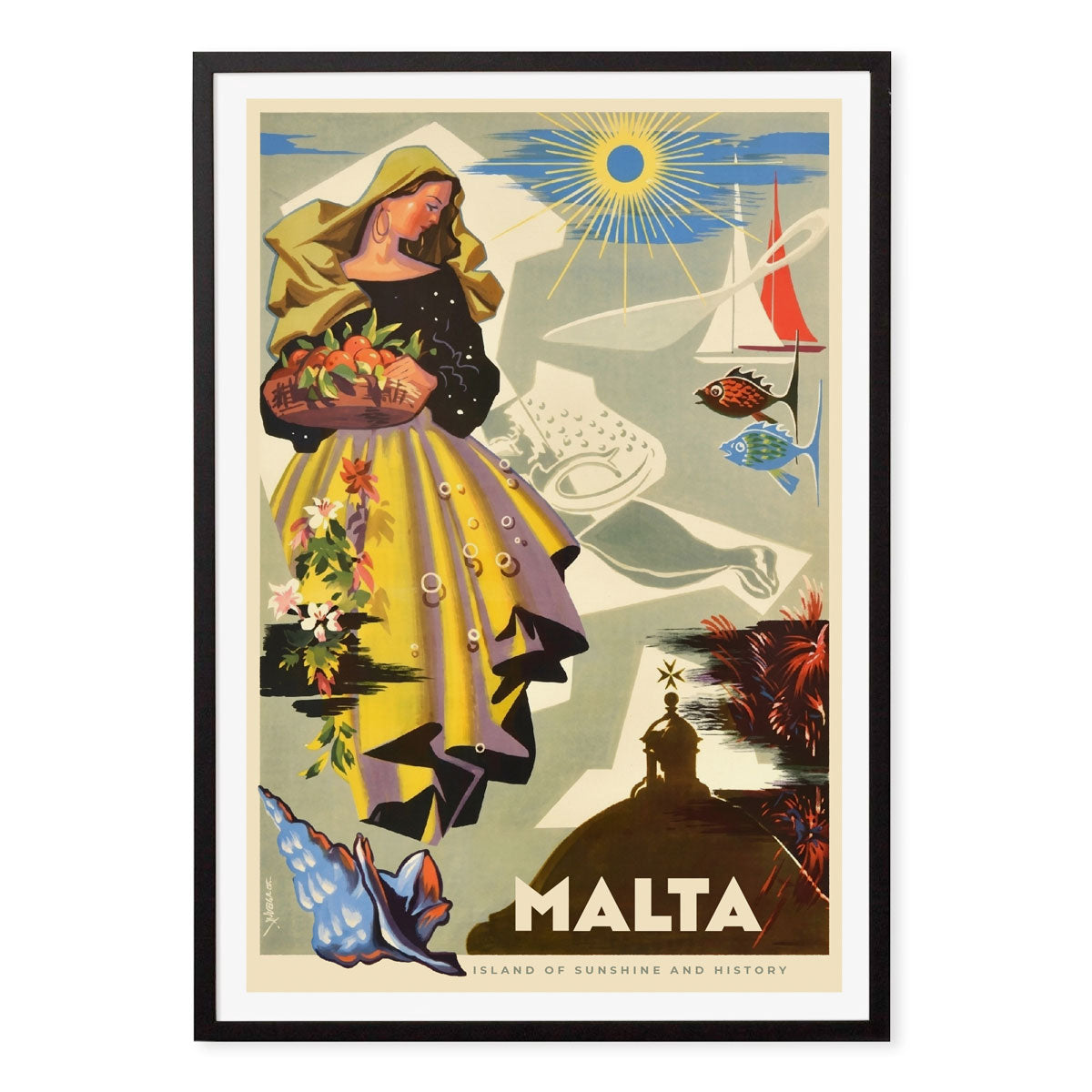 Malta retro vintage travel poster print in black frame from Places We Luv