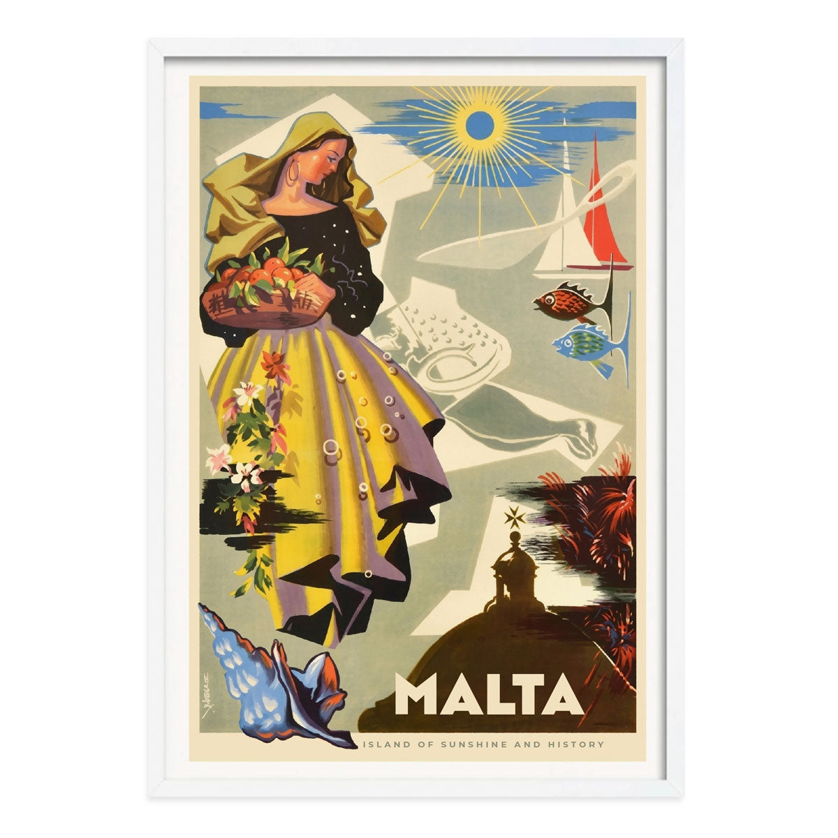 Malta retro vintage travel poster print in white frame from Places We Luv