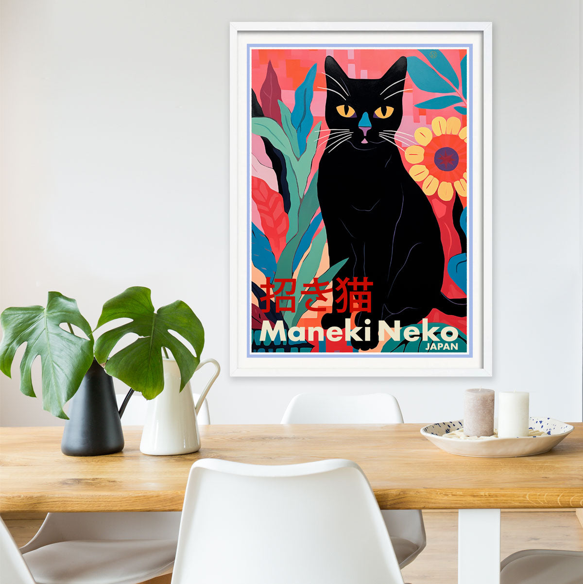 Retro poster Maneki Neko Japan Black Cat print in white frame from Places We Luv