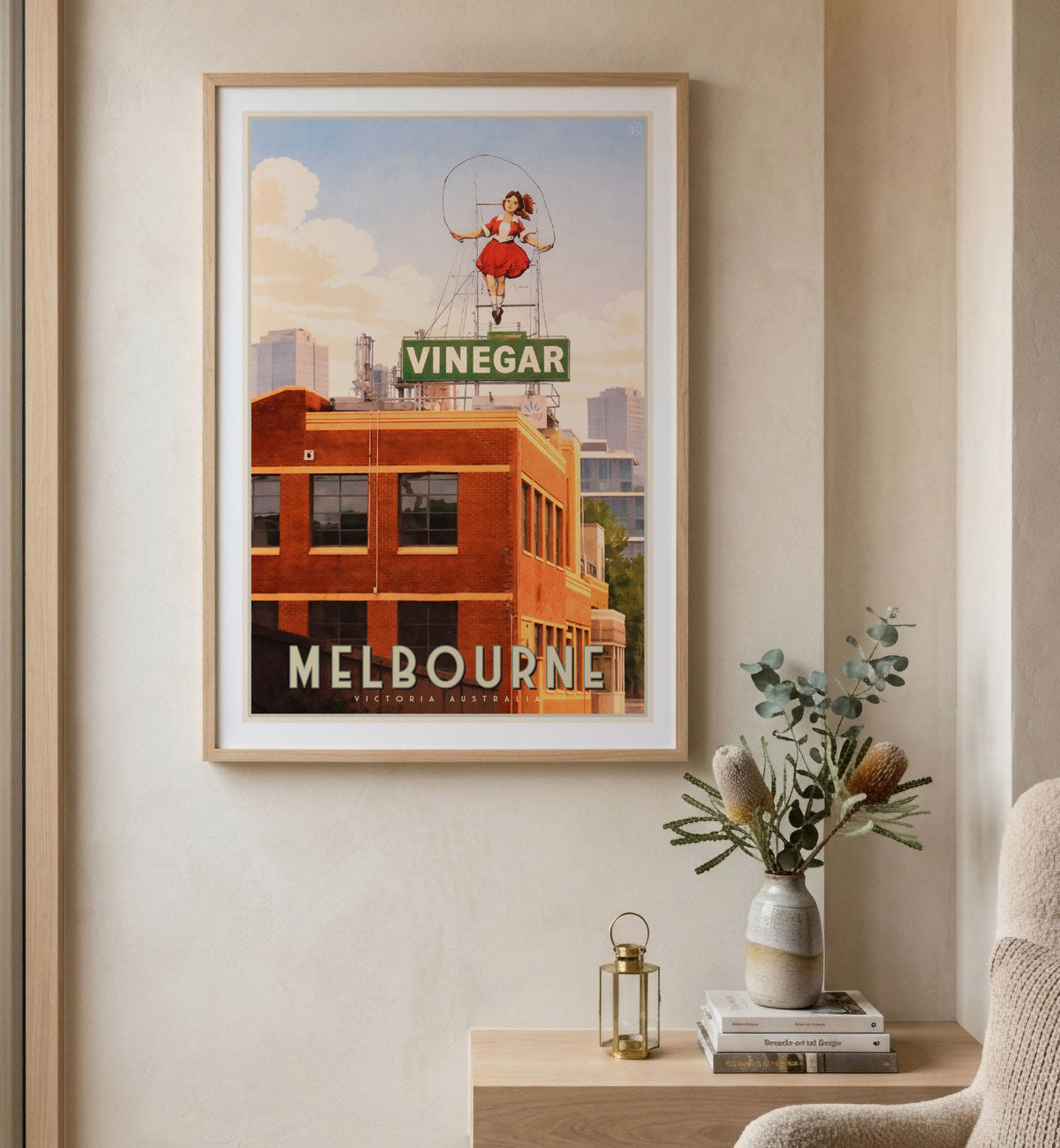 Melbourne Skipping Girl retro poster print in oak frame in living room from Places We Luv
