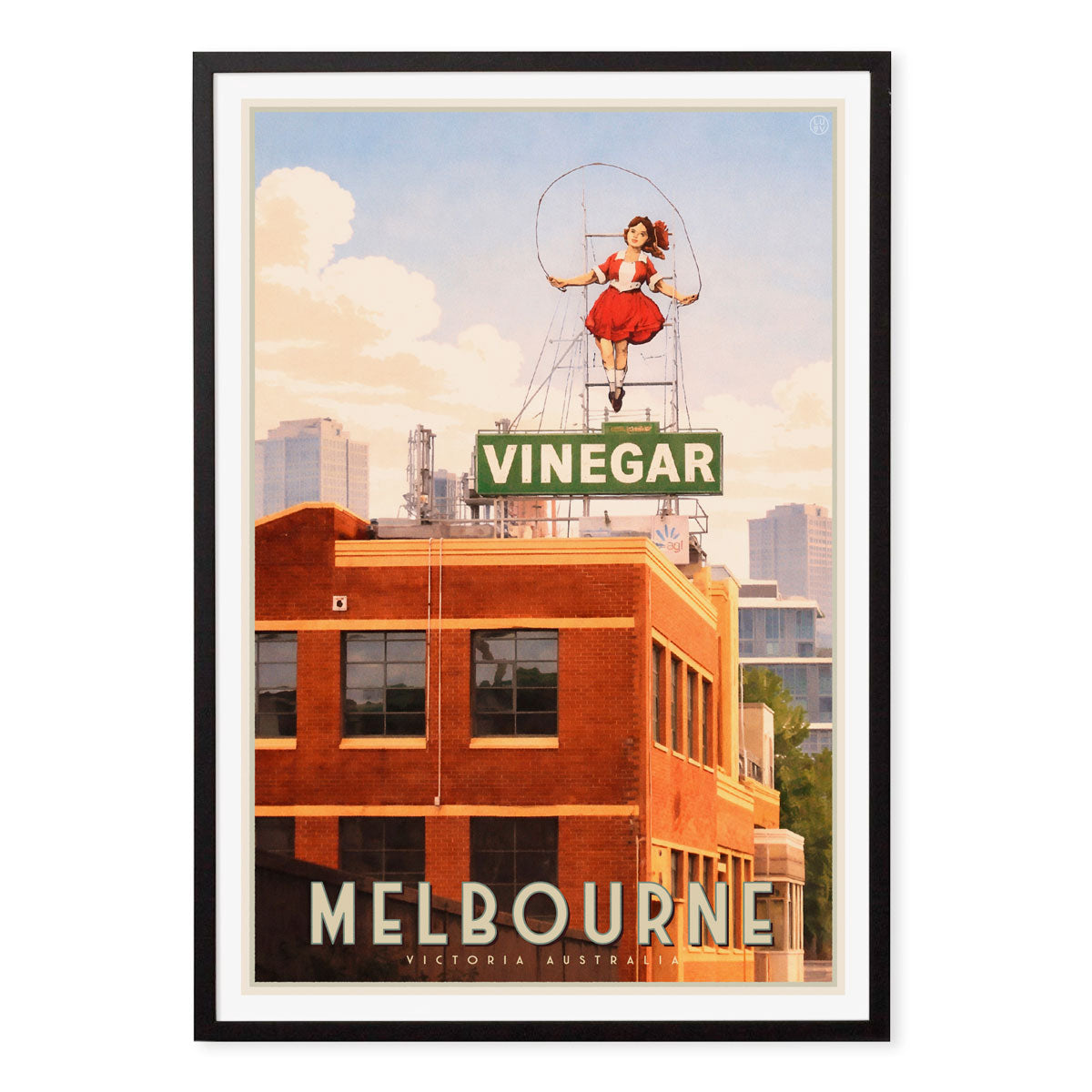 Melbourne Skipping Girl retro poster print in black frame from Places We Luv