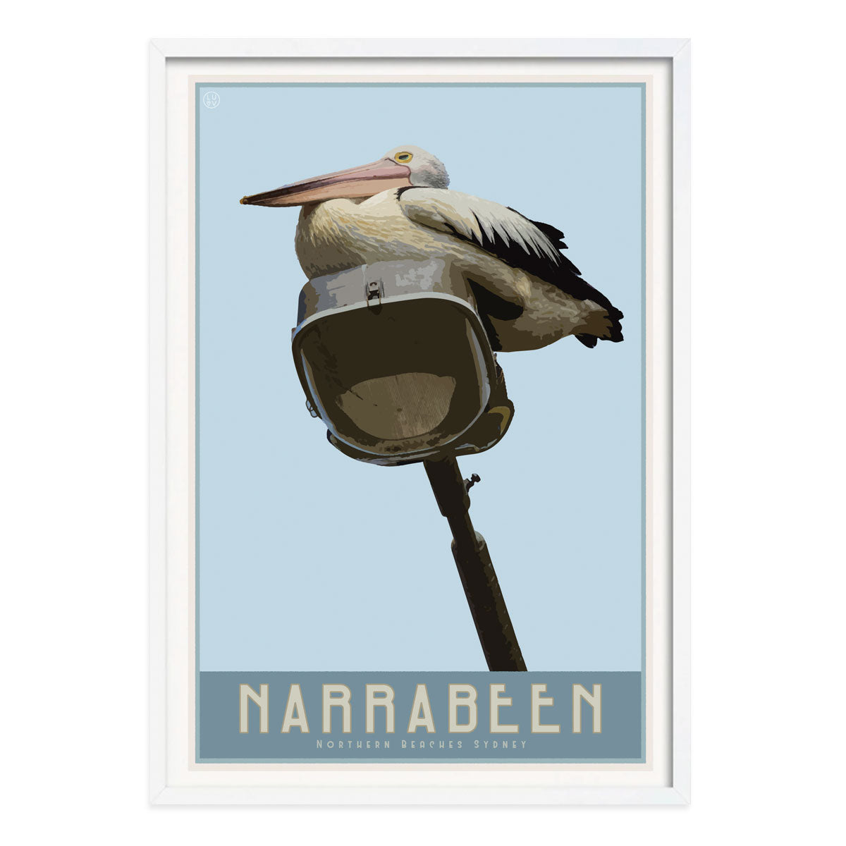Narrabeen Lake Pelican vintage retro poster print in white frame from Places We Luv