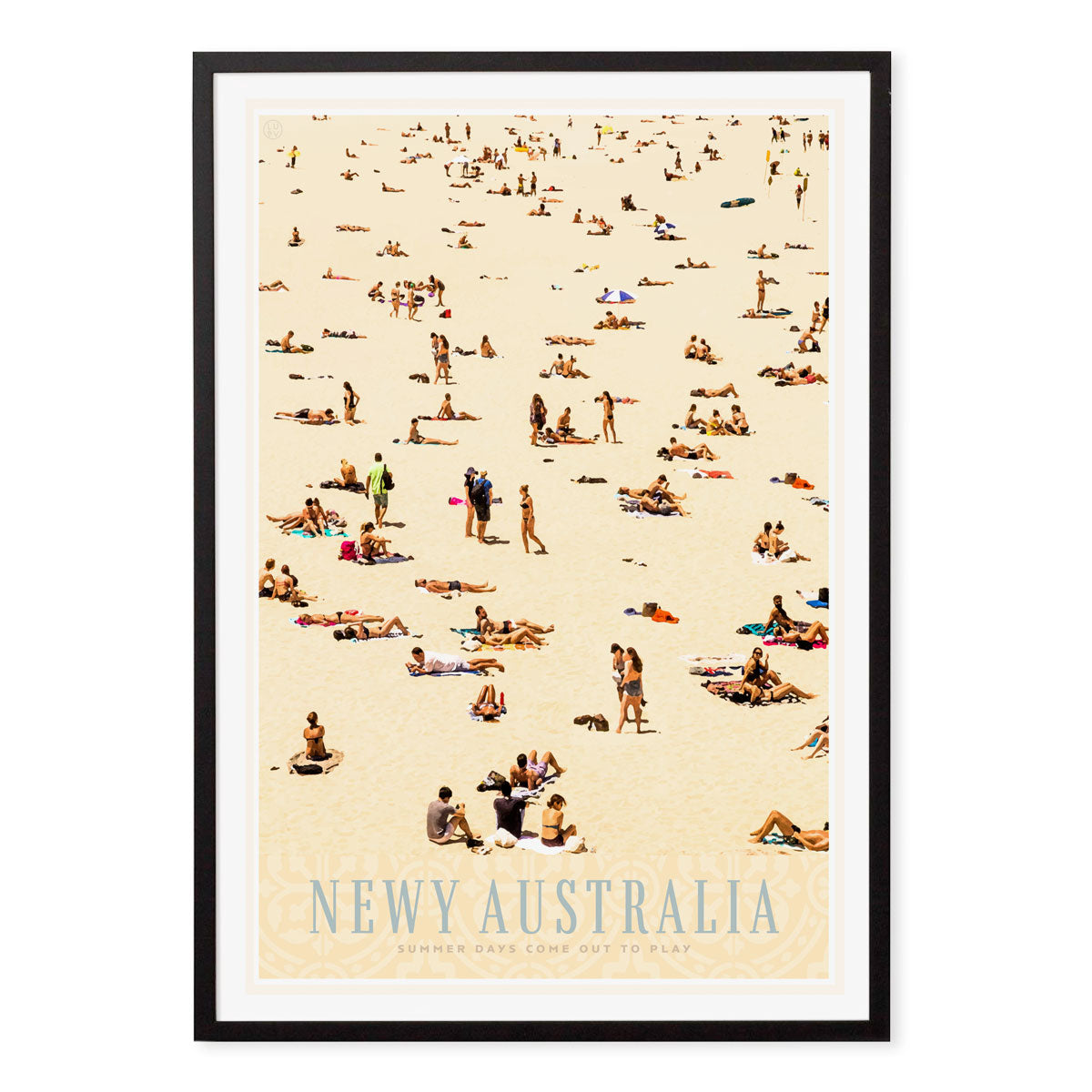 Newy Newcastle Beach retro vintage poster print in black frame from Places We Luv