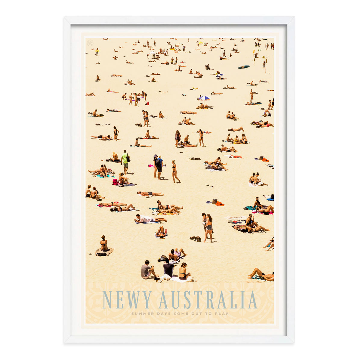 Newy Newcastle Beach retro vintage poster print in white frame from Places We Luv