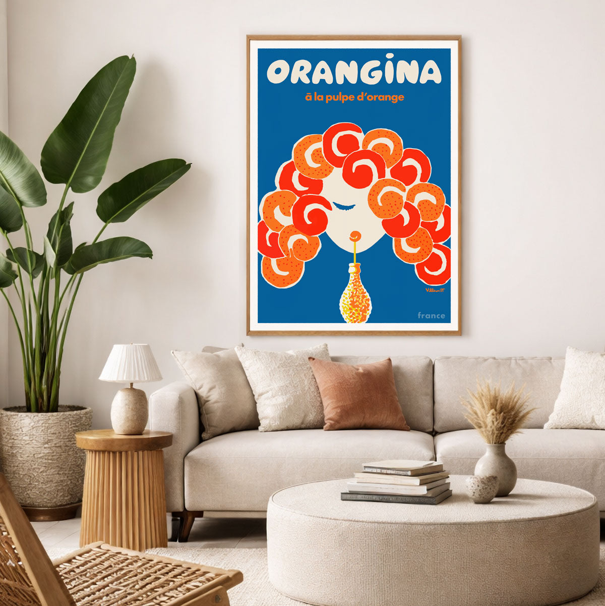 Living room with Orangina French retro advertising poster in oak frame from Places We luv