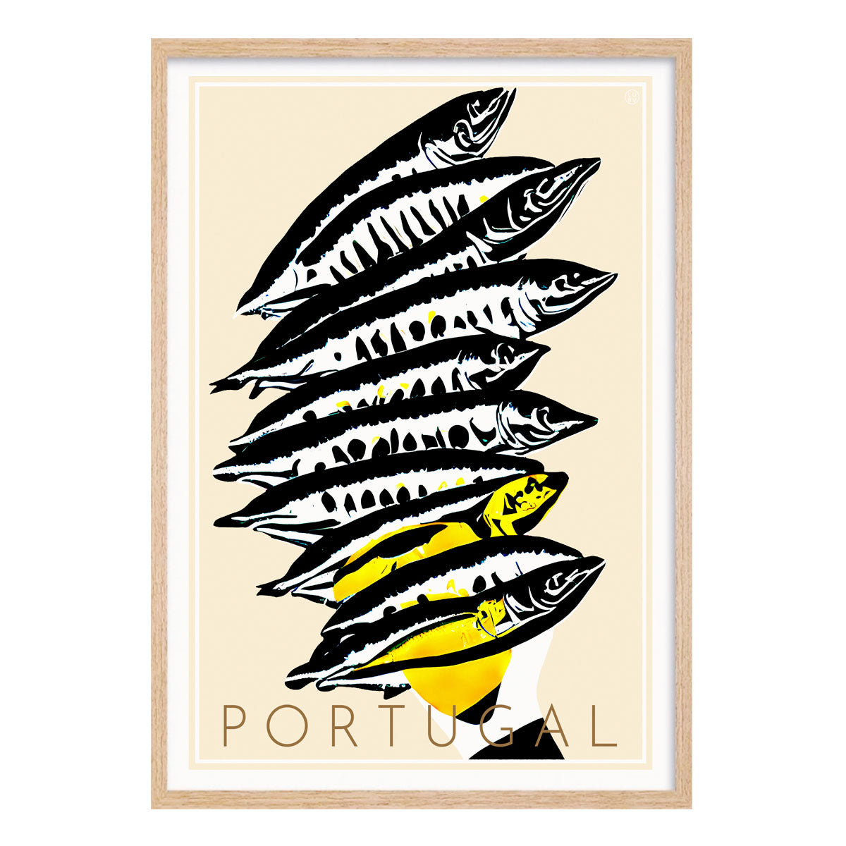 Sardines Portugal retro vintage poster in oak frame from Places We Luv
