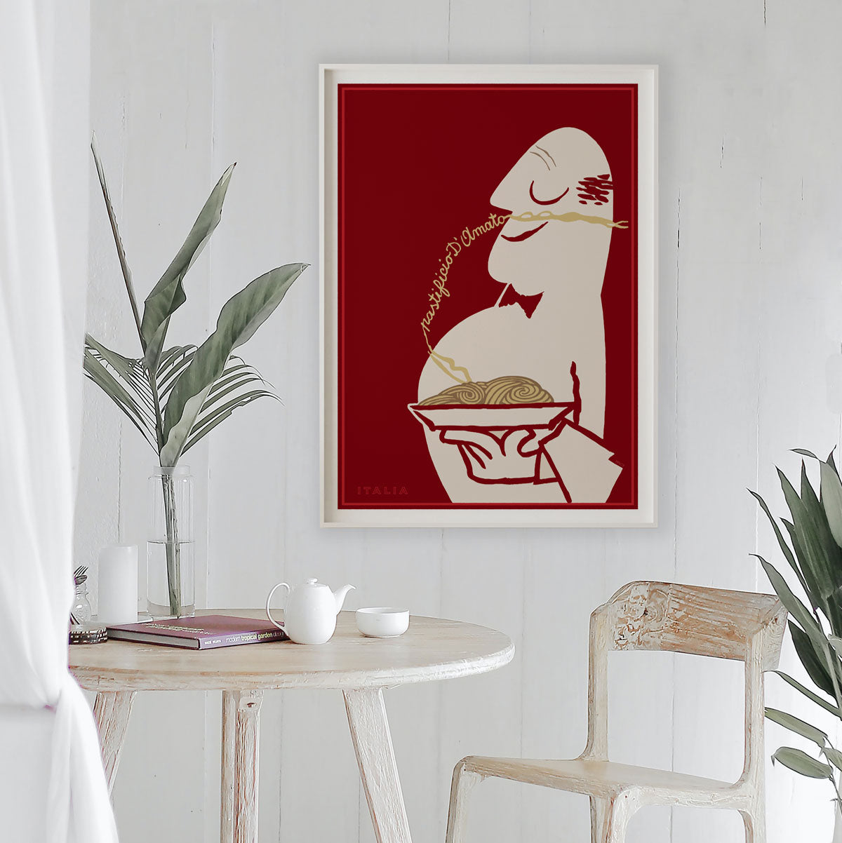 Pastificio d’Amato pasta poster with red background. Retro food advertisement available as an unframed art print or framed poster from Places We Luv