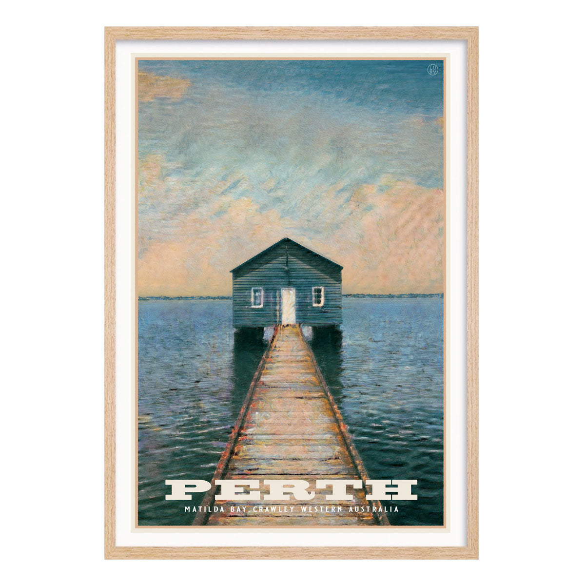 Oak framed retro vintage poster of Crawley Boatshed Perth Western Australia from Places We Luv