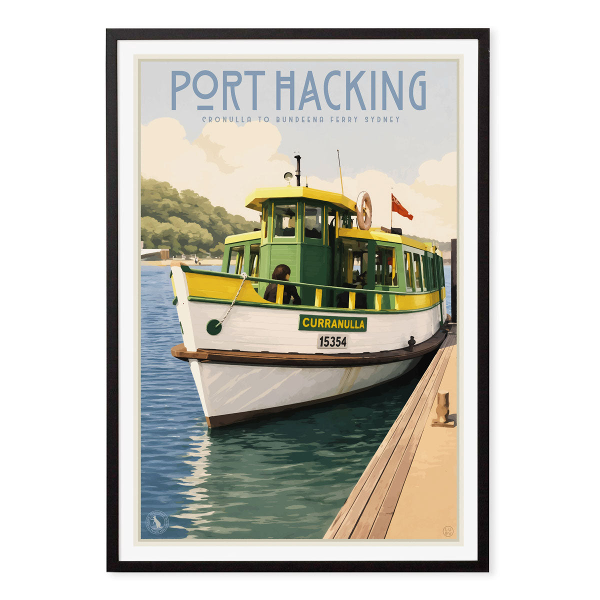 Port hacking Ferry Cronulla retro vintage print in black frame from Places We Luv