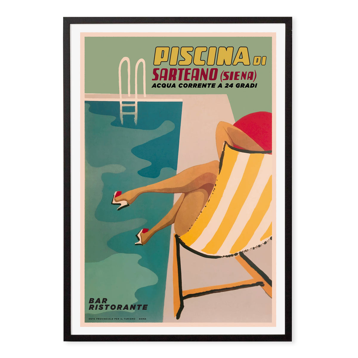 Piscina di Sarteano Siena italy retro vintage poster print in black frame from Places We Luv