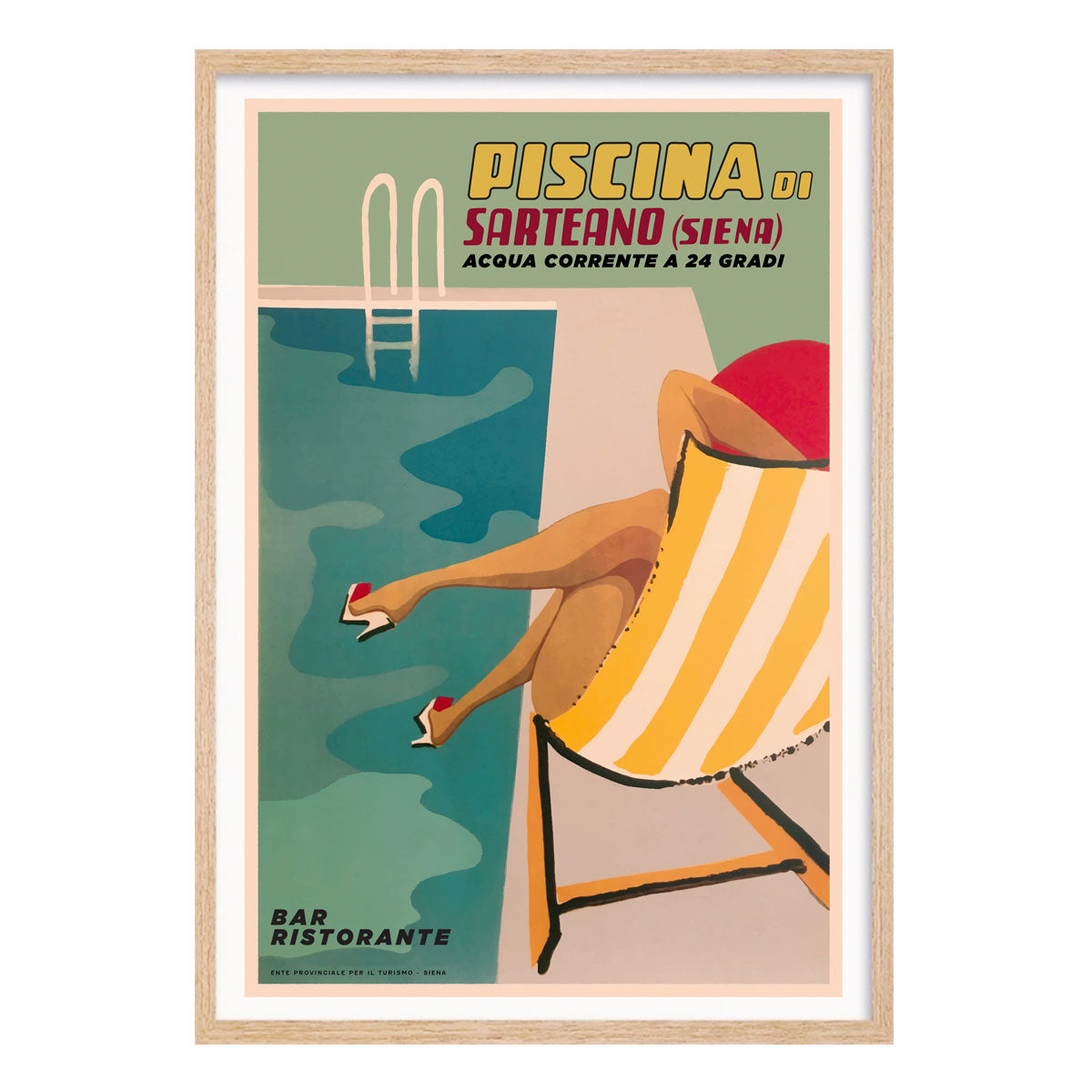 Piscina di Sarteano Siena italy retro vintage poster print in oak frame from Places We Luv