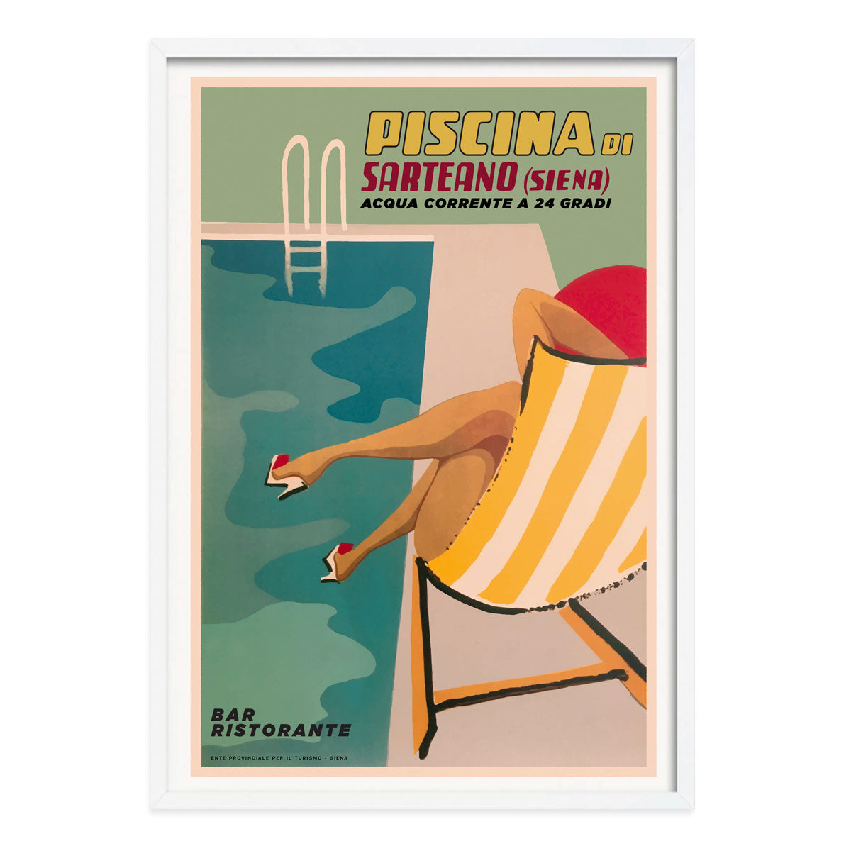 Piscina di Sarteano Siena italy retro vintage poster print in white frame from Places We Luv