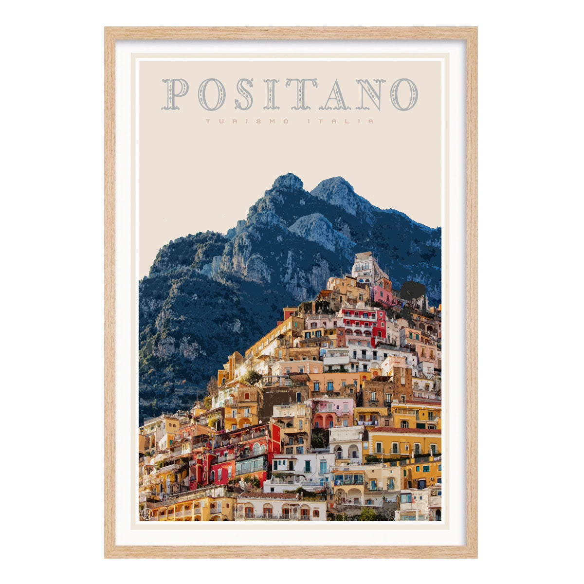 Positano Italy retro vintage travel poster in oak frame from Places We Luv
