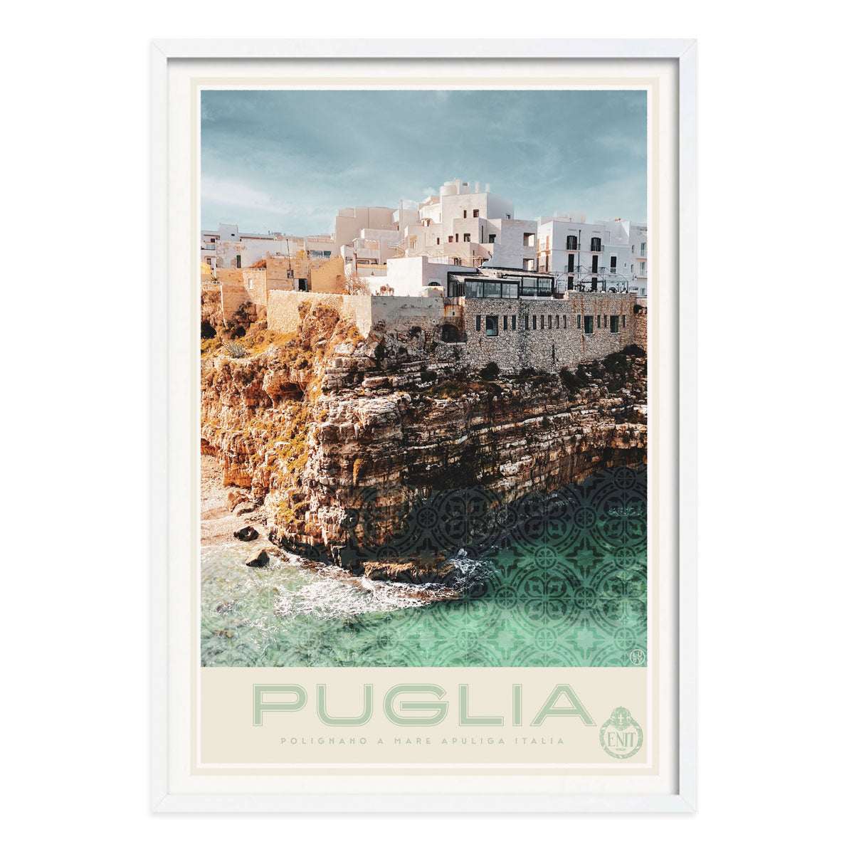 Puglia coast retro vintage poster print in white frame from Places We Luv