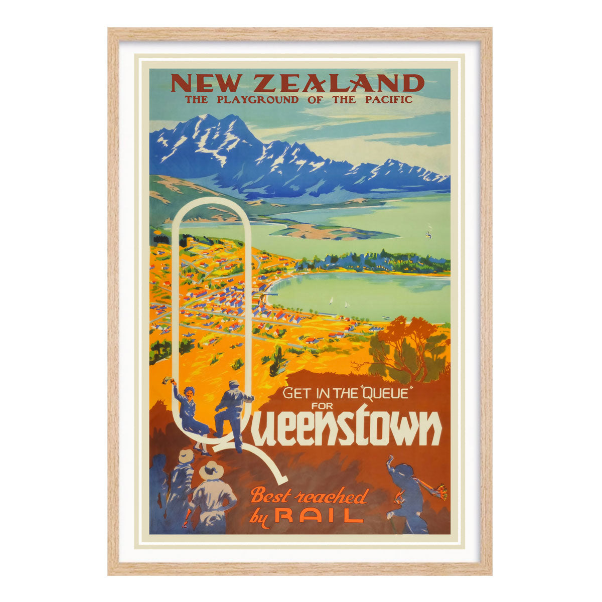 Queenstown New Zealand vintage retro poster in oak frame from Places We Luv
