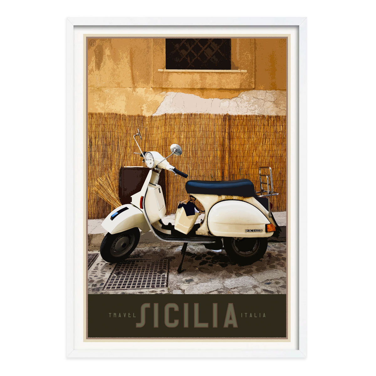 Poster Sicily Vespa retro vintage travel print in white frame from Places We Luv