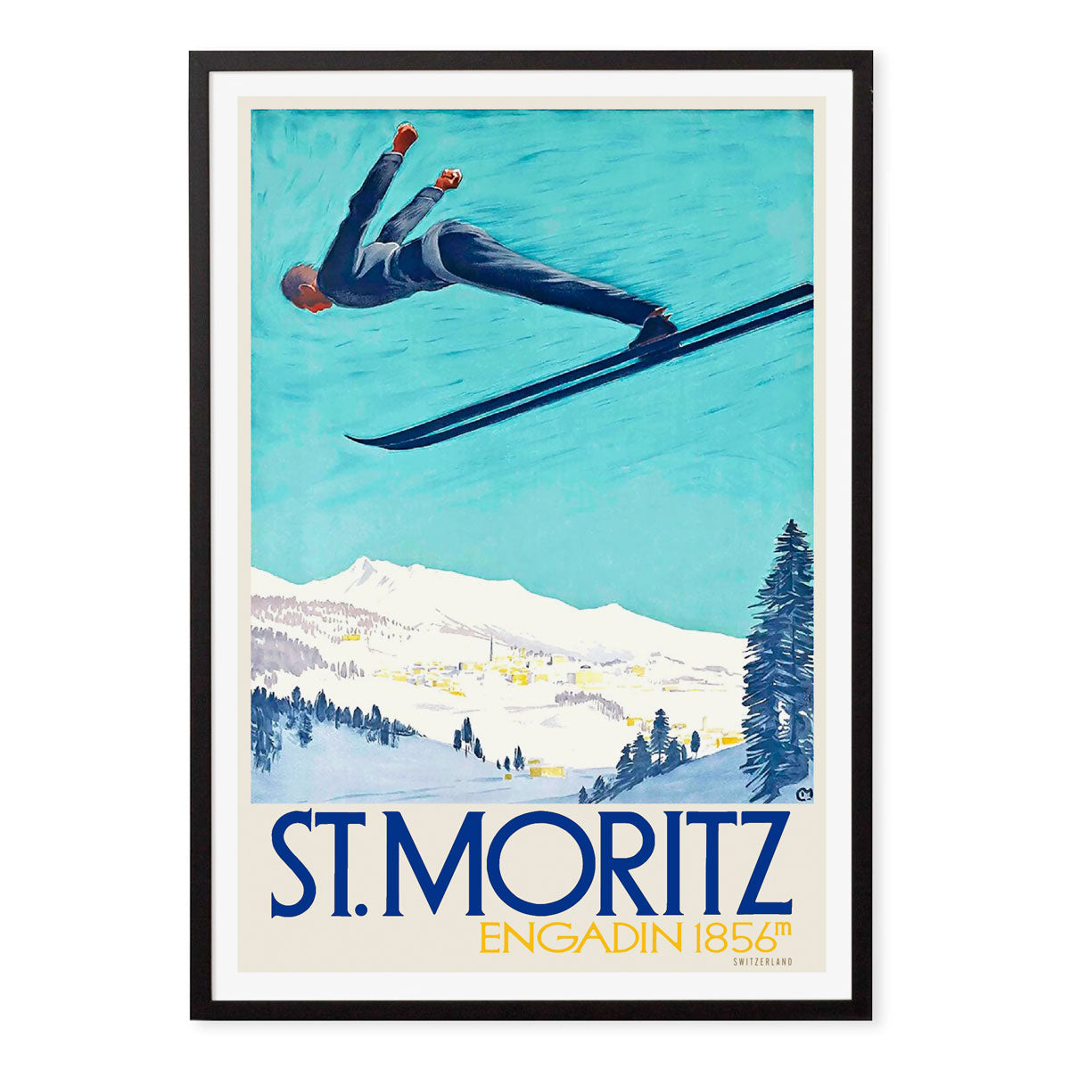 St Moritz Ski retro vintage poster in black frame from Places We Luv