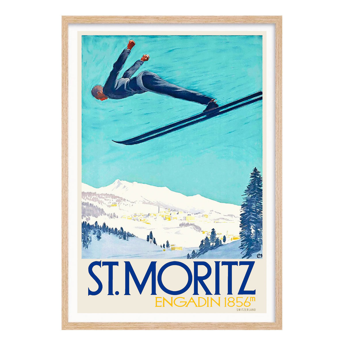St Moritz Ski retro vintage poster in raw wood frame from Places We Luv