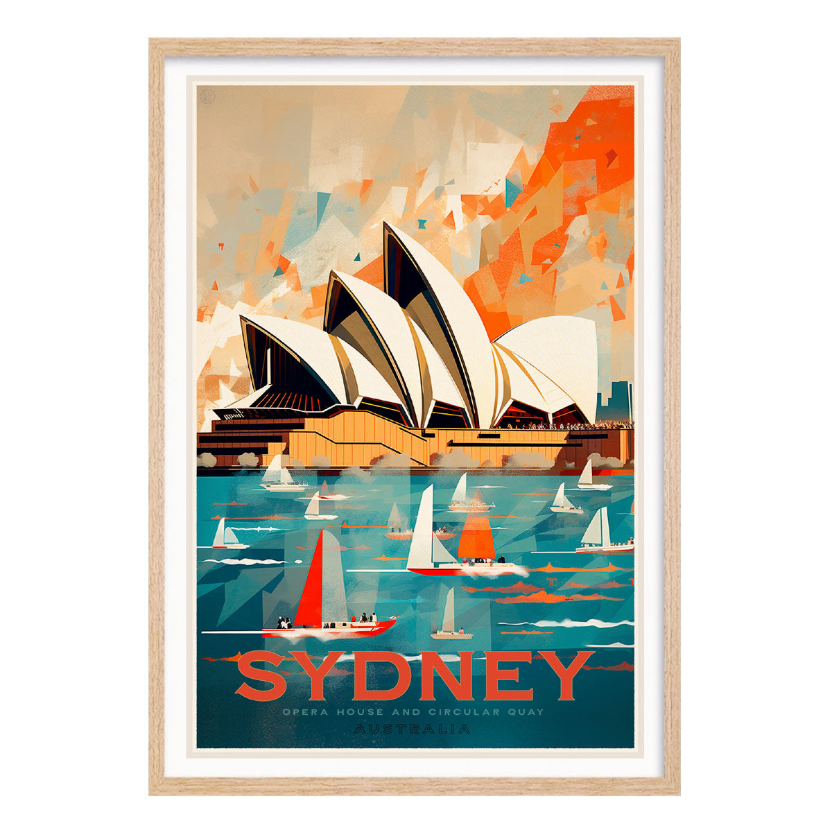 Australian retro vintage poster Sydney harbour sailing in oak frame from Places We Luv