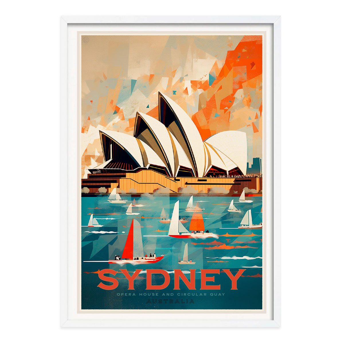 Australian retro vintage poster Sydney harbour sailing in white frame from Places We Luv