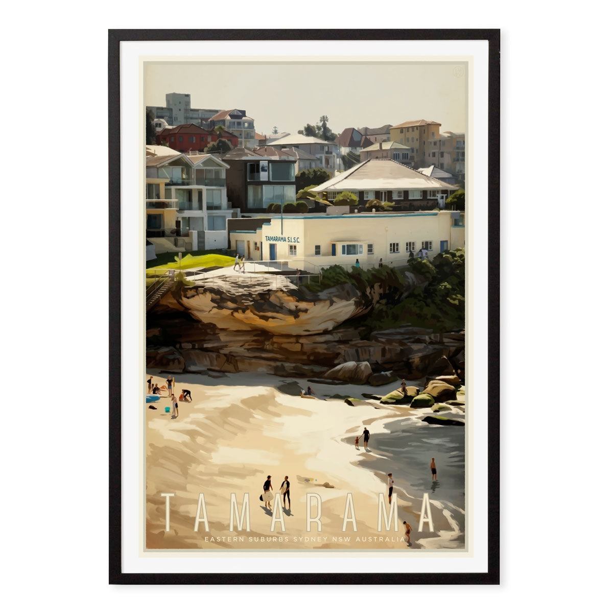 Tamarama Beach Sydney vintage retro poster print in black frame from Places We Luv