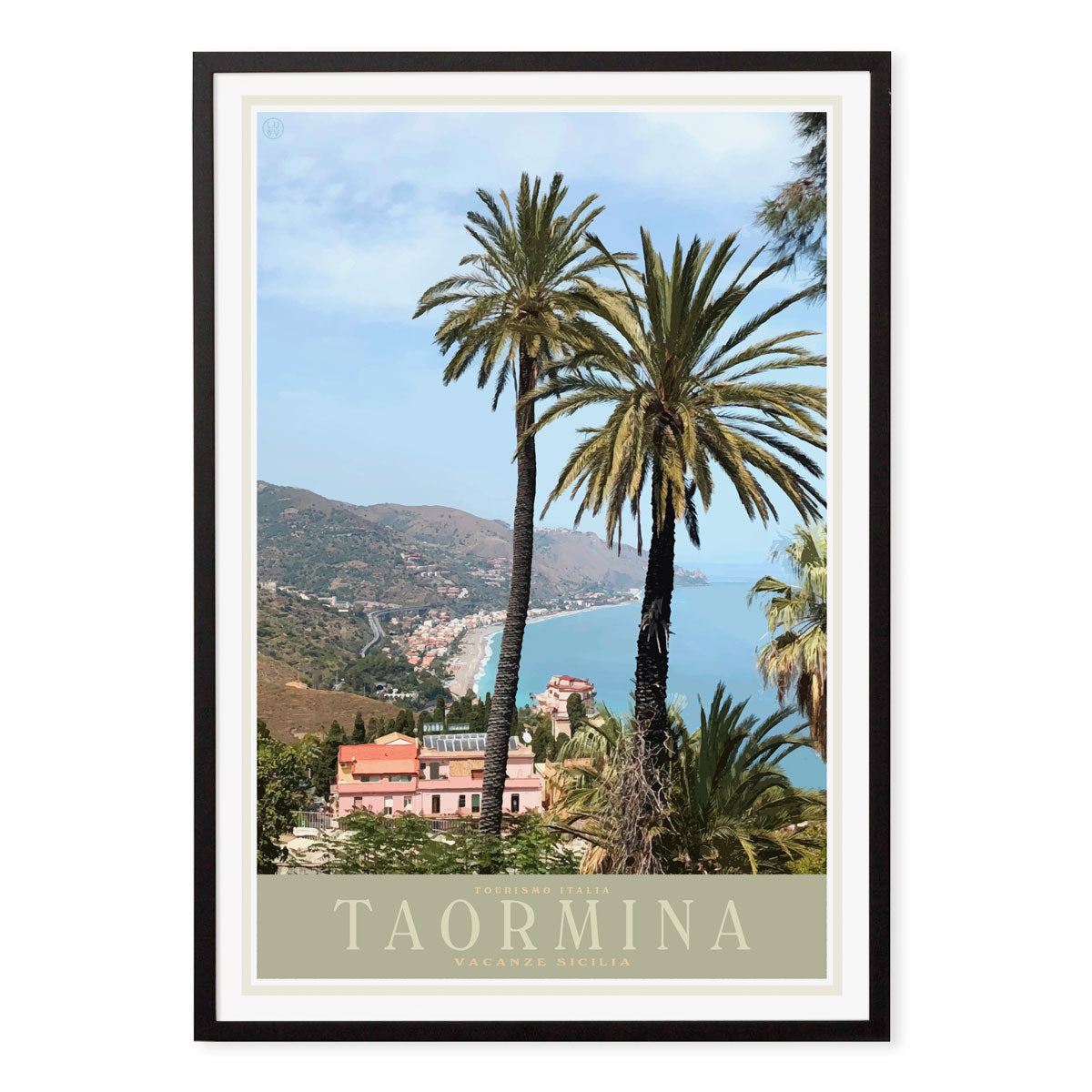 Taormina Sicily retro vintage travel poster in black frame from Places We Luv
