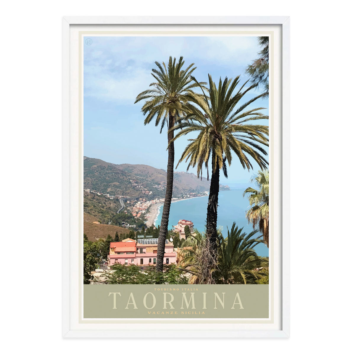 Taormina Sicily retro vintage travel poster in white frame from Places We Luv