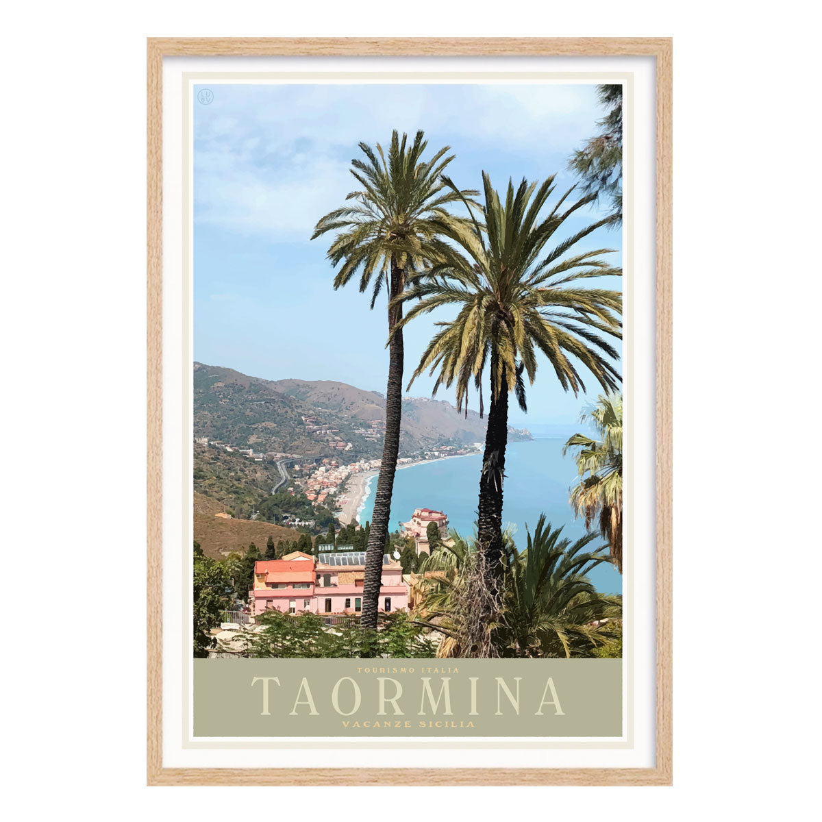 Taormina Sicily retro vintage travel poster in oak frame from Places We Luv