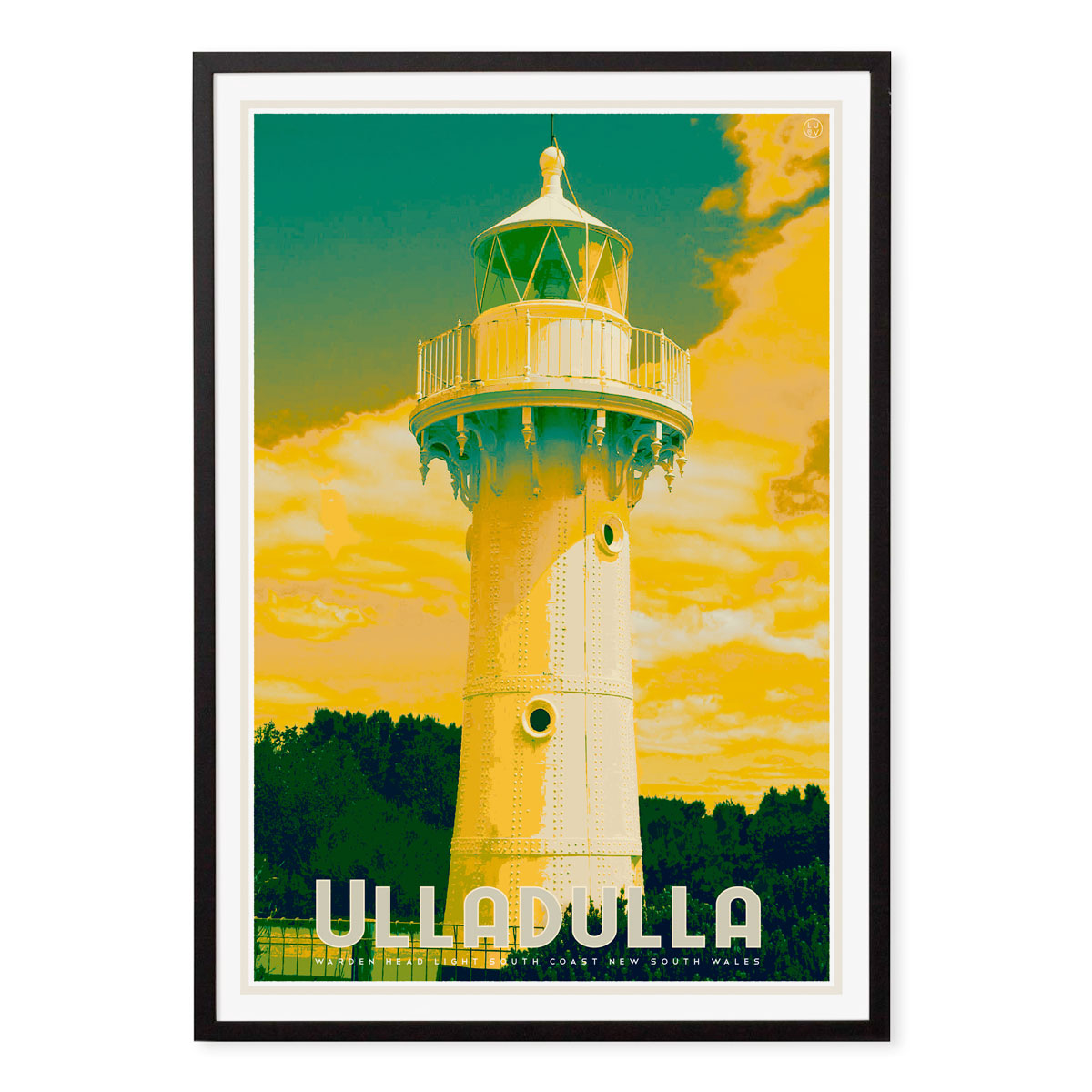 Ulladulla lighthouse vintage retro poster print in black frame from places we luv