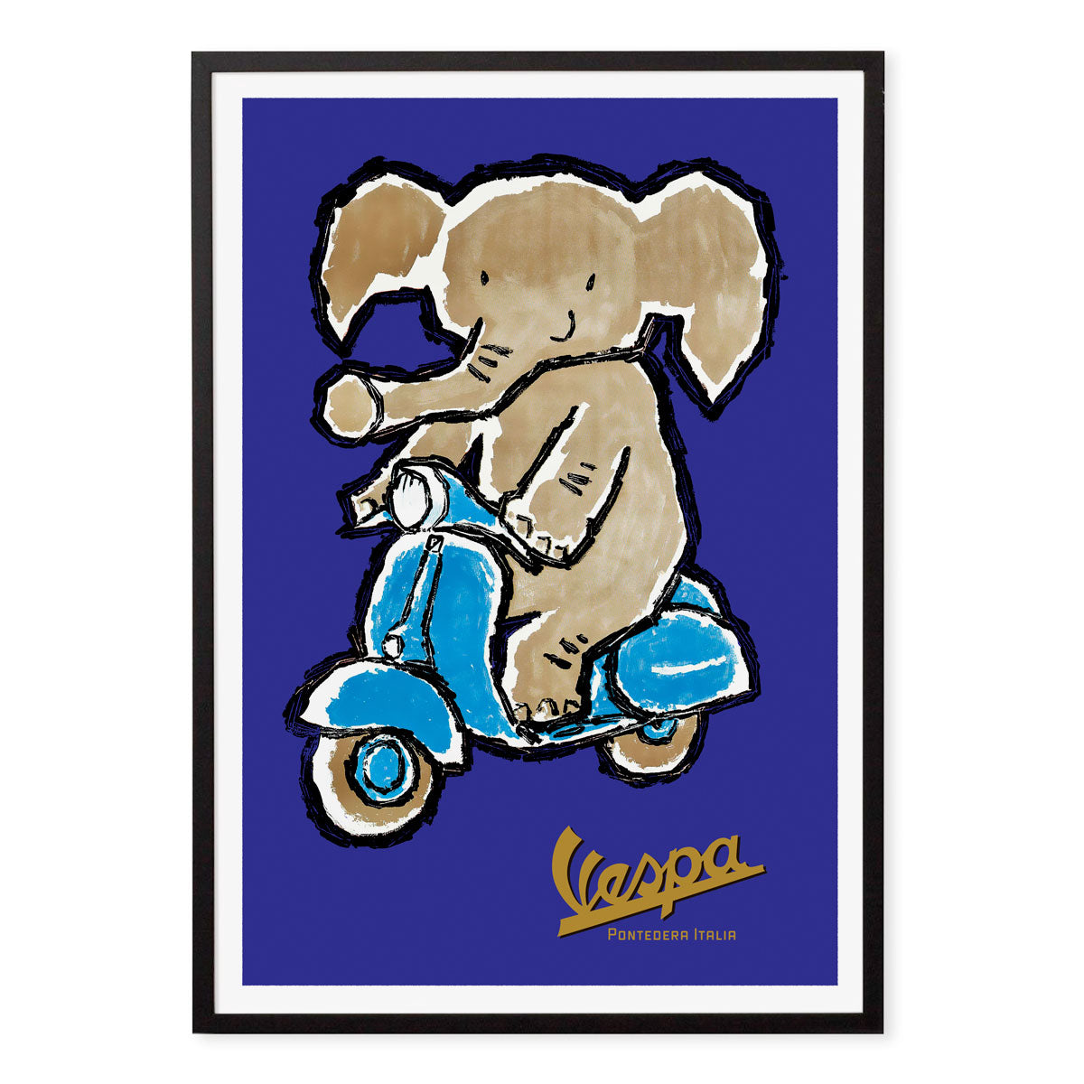 Elephant riding Vespa retro vintage poster print in black frame from Places We Luv