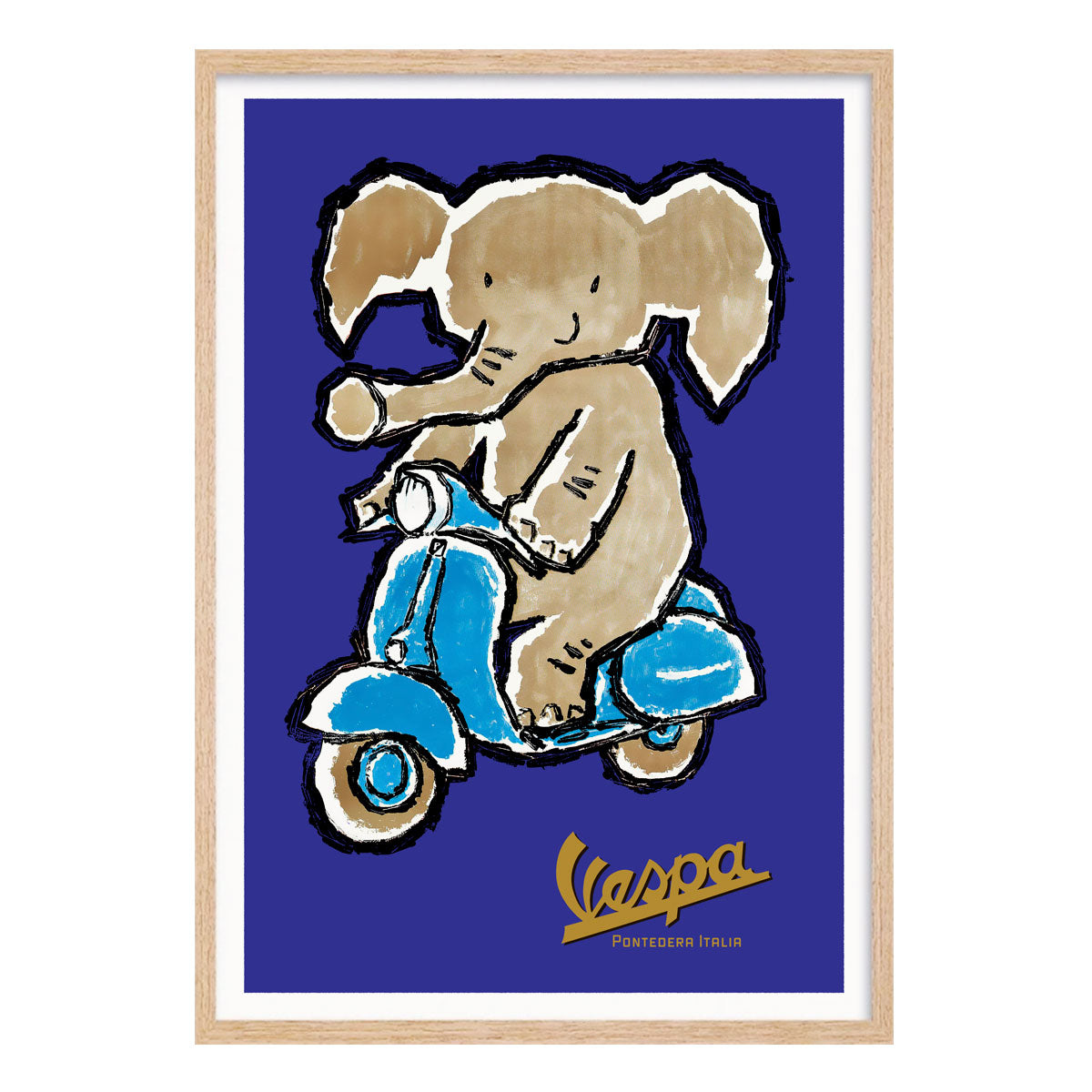Elephant riding Vespa retro vintage poster print in oak frame from Places We Luv