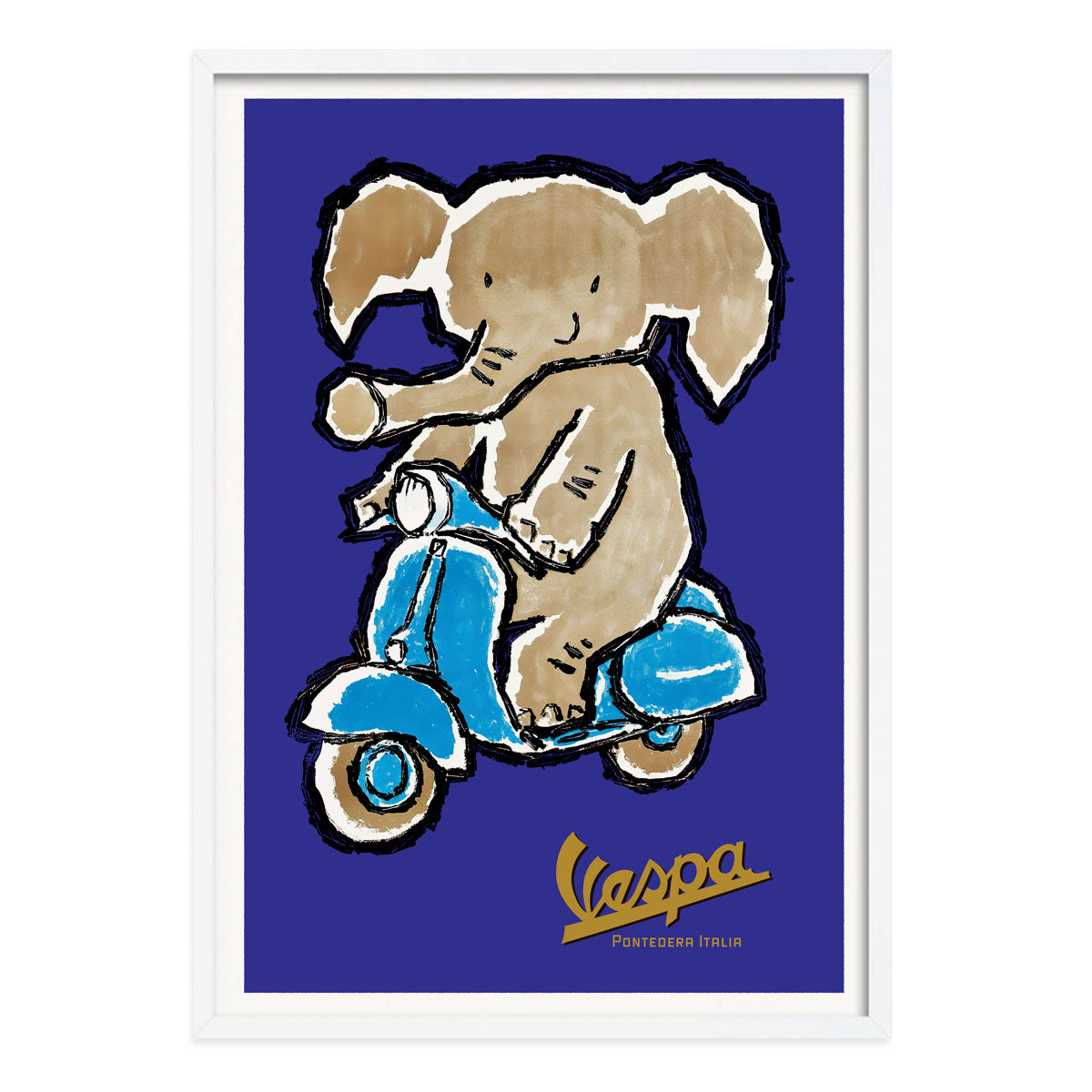 Elephant riding Vespa retro vintage poster print in white frame from Places We Luv