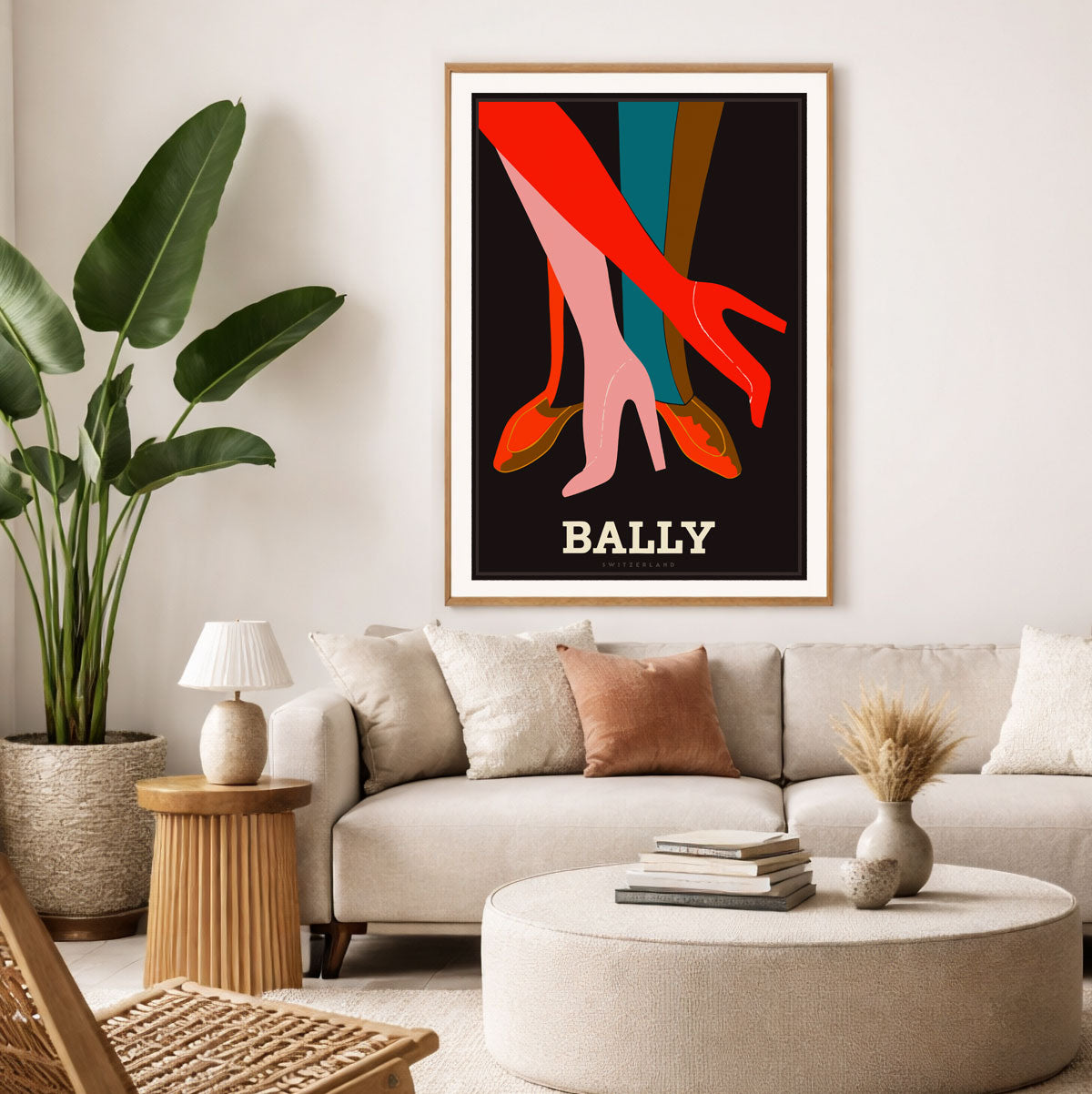 Framed retro vintage advertising poster for Bally Shoes Switzerland set in loungeroom, from Places We Luv